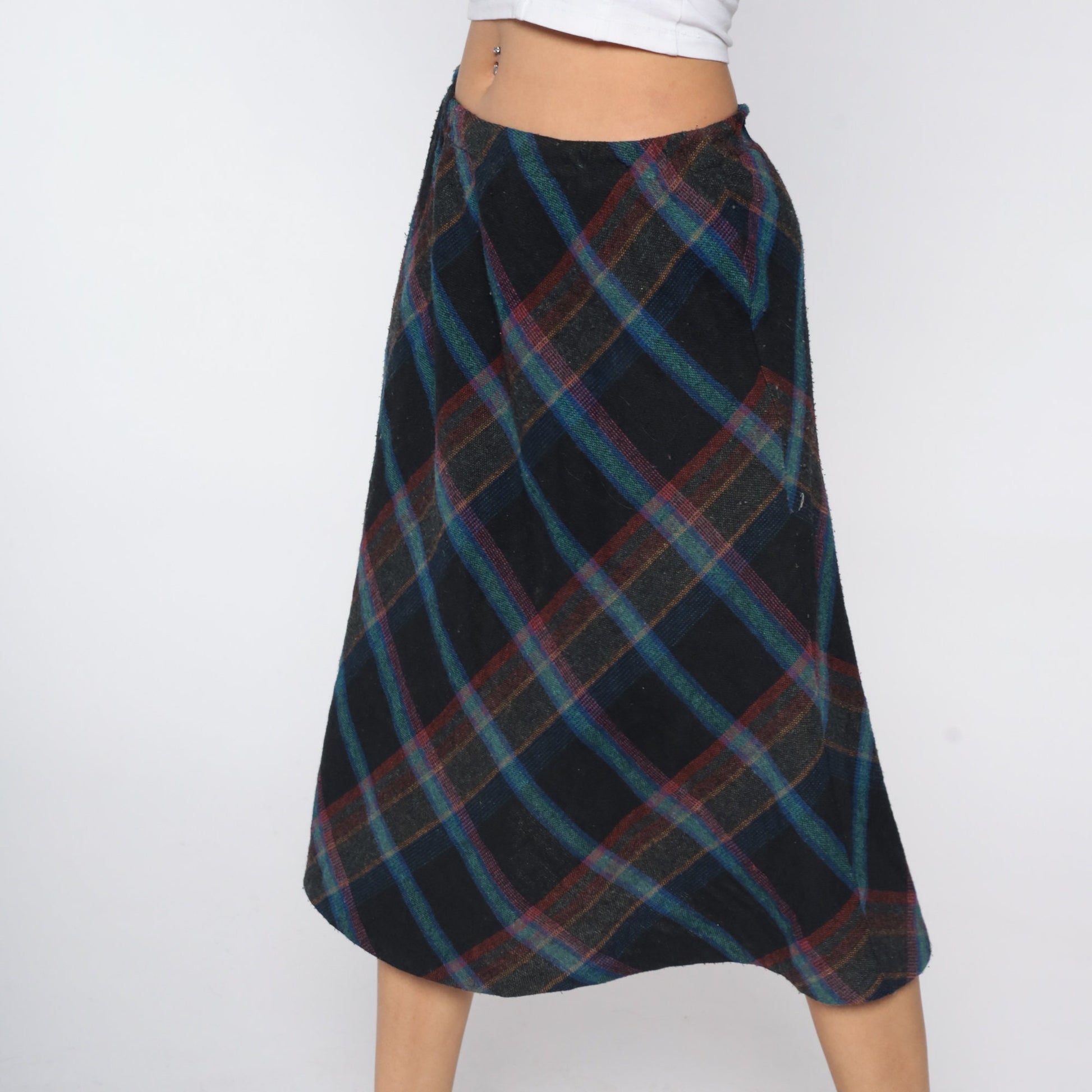 70s Wool Plaid Midi Skirt High Waist Tartan Black Blue Medium Large