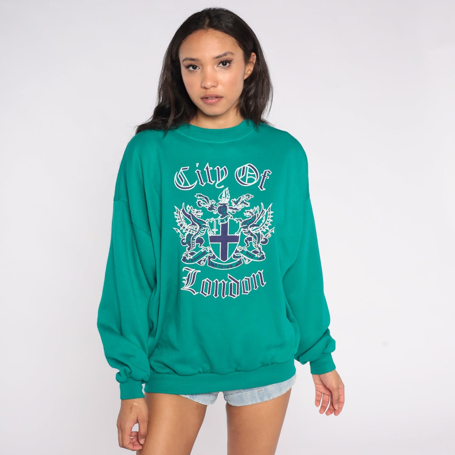 90s City of London Crest Sweatshirt Green Graphic Pullover Extra Large XL