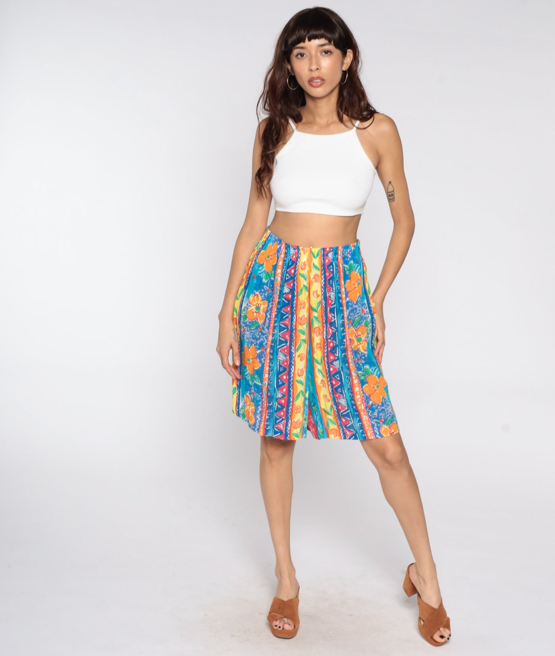 80s Floral High-Waist Shorts Tropical Print Elastic Waist Large L