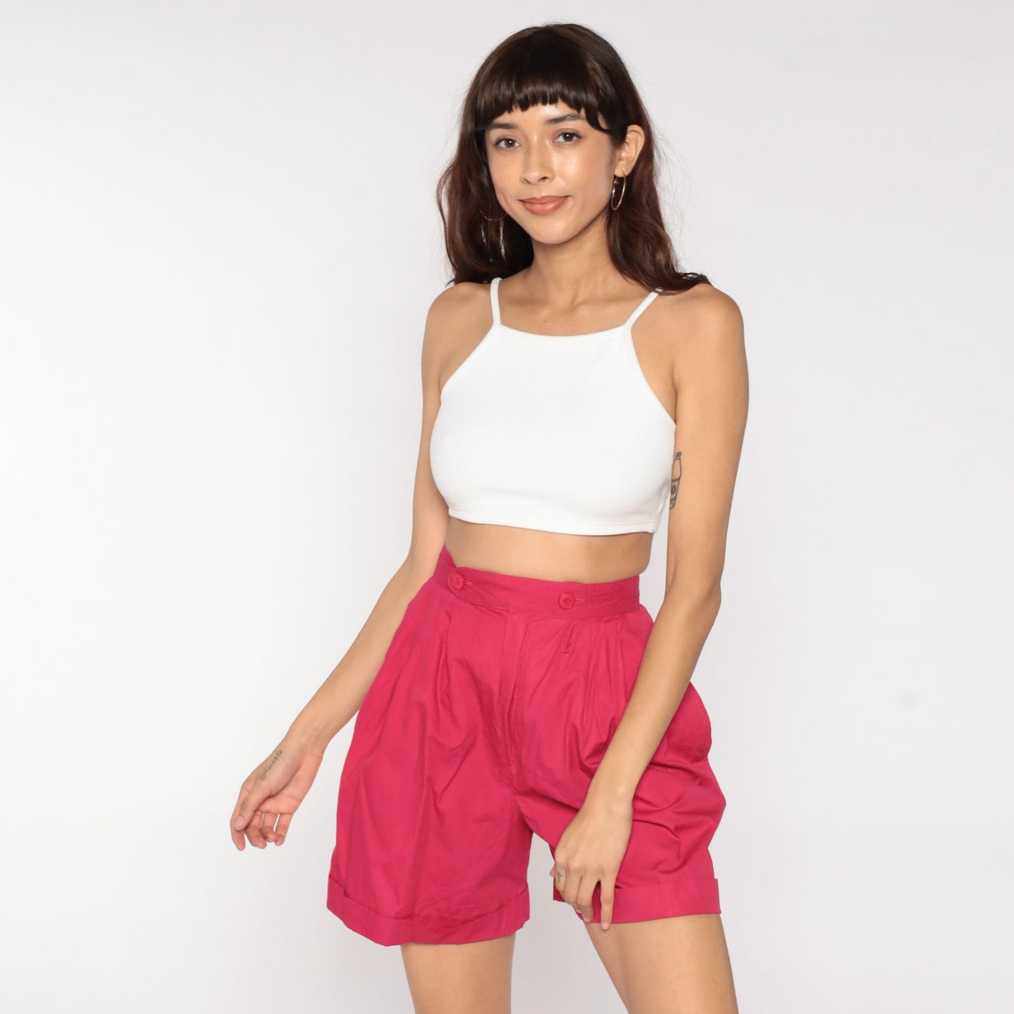 80s Deep Pink High-Waisted Pleated Cotton Shorts Small