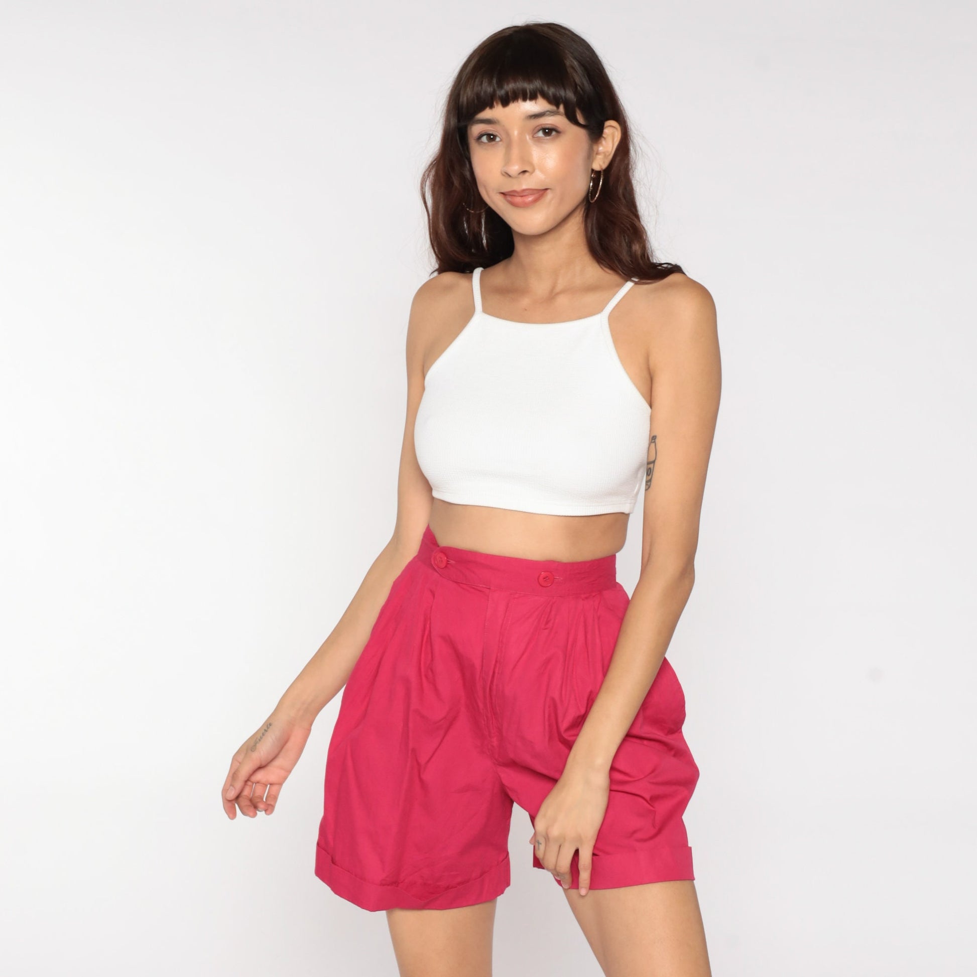 80s Deep Pink High-Waisted Pleated Cotton Shorts Small