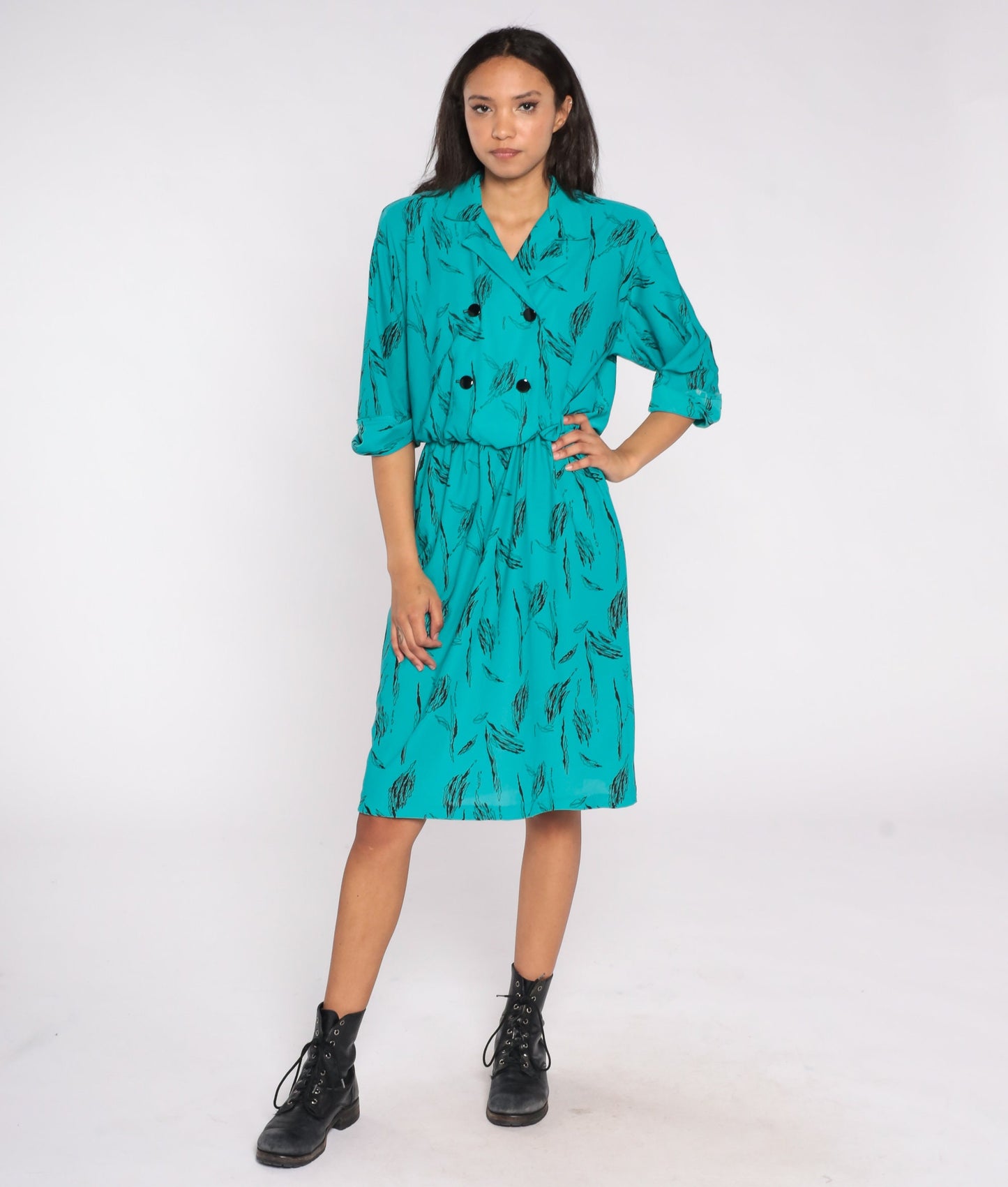 80s Abstract Print Shirt Dress Midi Double Breasted High Waist Teal Medium M