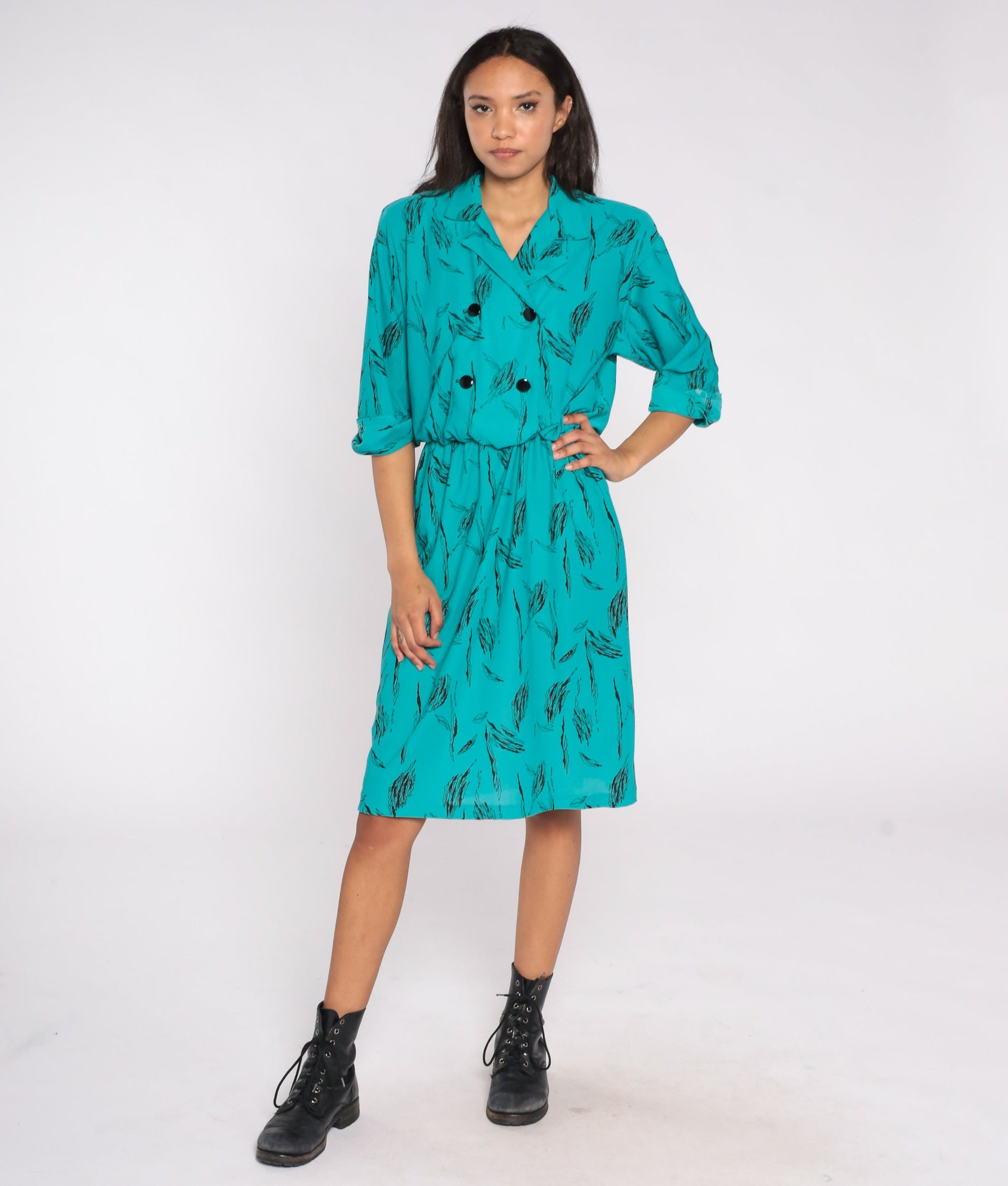 80s Abstract Print Shirt Dress Midi Double Breasted High Waist Teal Medium M