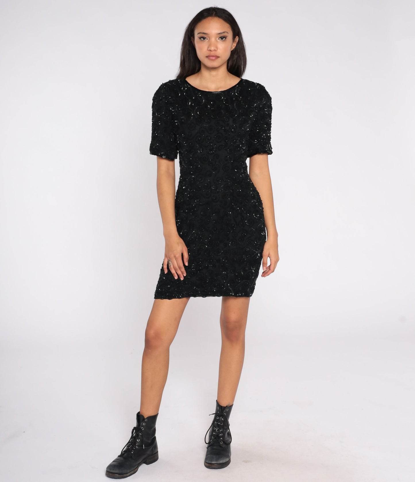 80s Black Silk Sequin Mini Dress Short Sleeve Zipper Back Small S