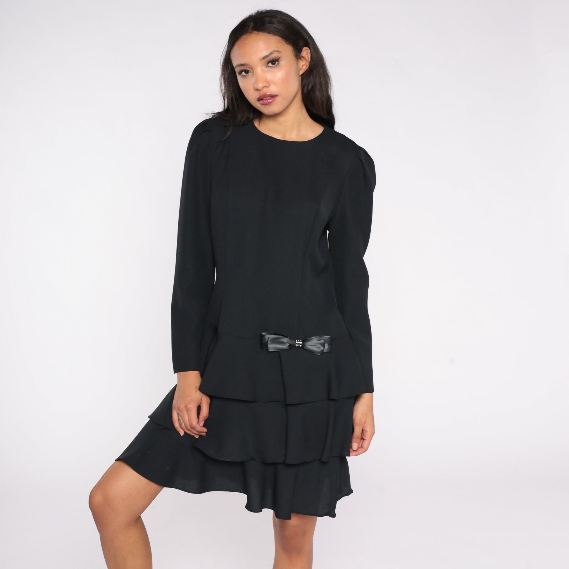 80s Black Drop Waist Dress Ruffled Skirt Puff Sleeve Bow Medium
