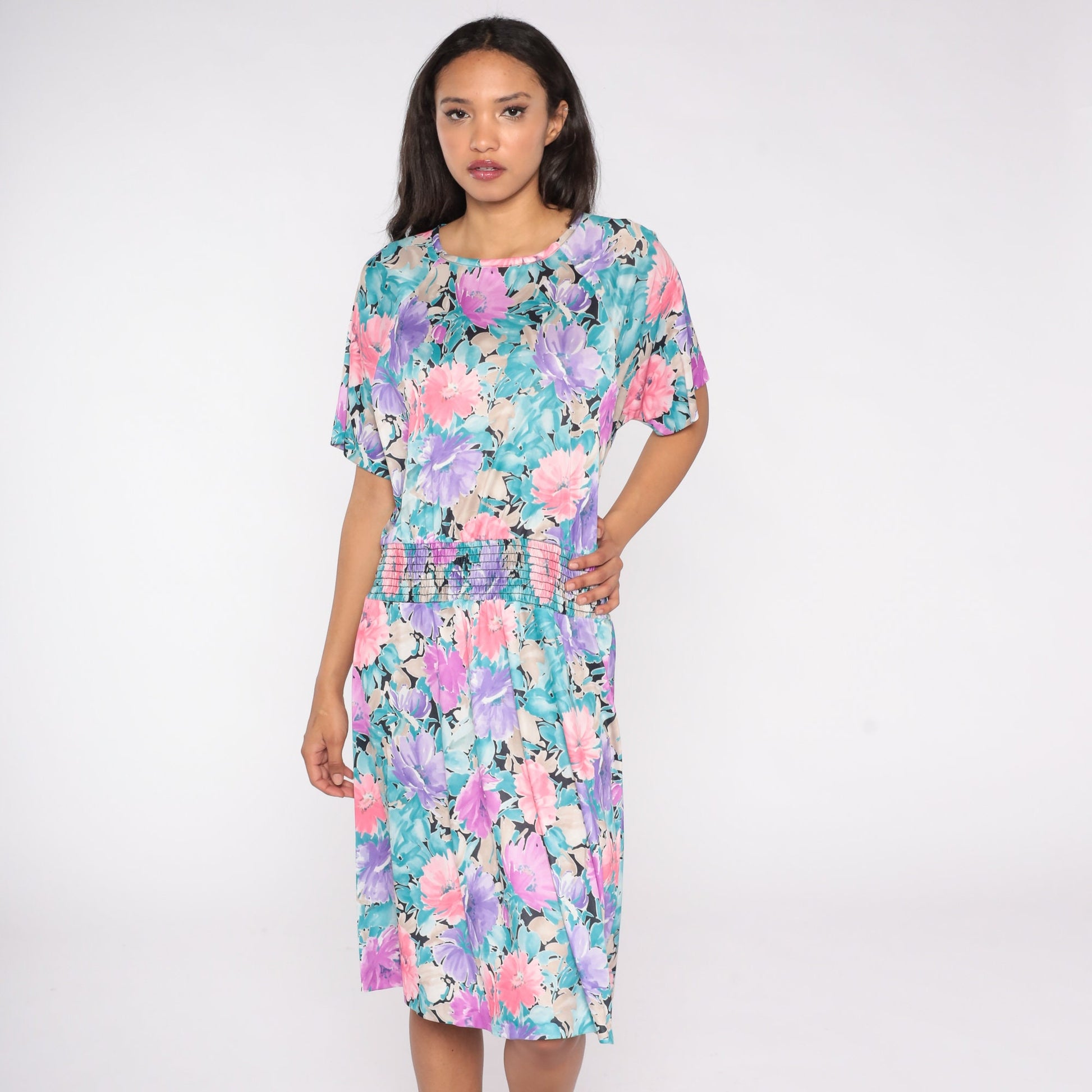 80s Floral Midi Dress Elastic Waist Short Sleeve Blouson Large L