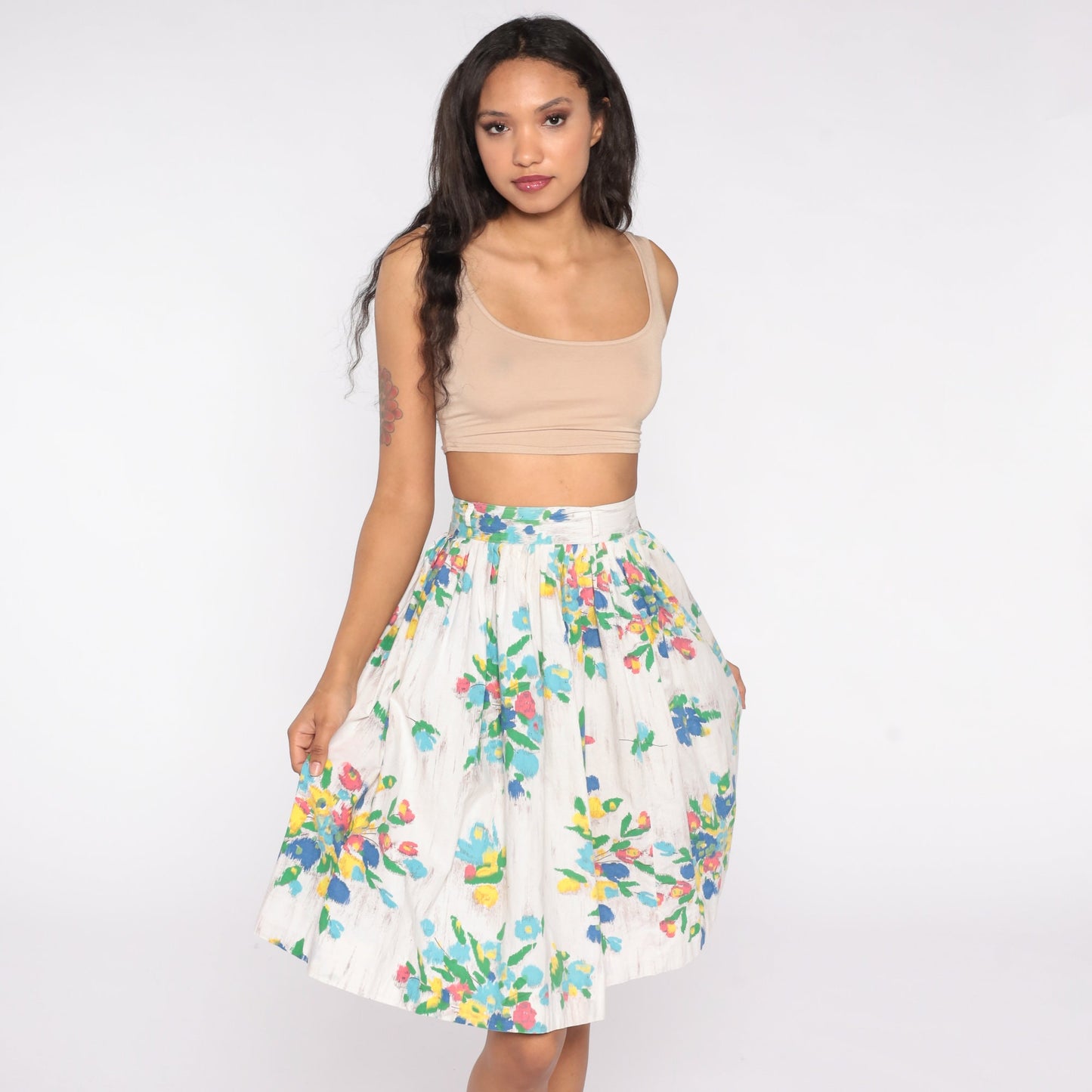 60s Floral Mini Skirt Pleated High Waist White Watercolor Cotton XS