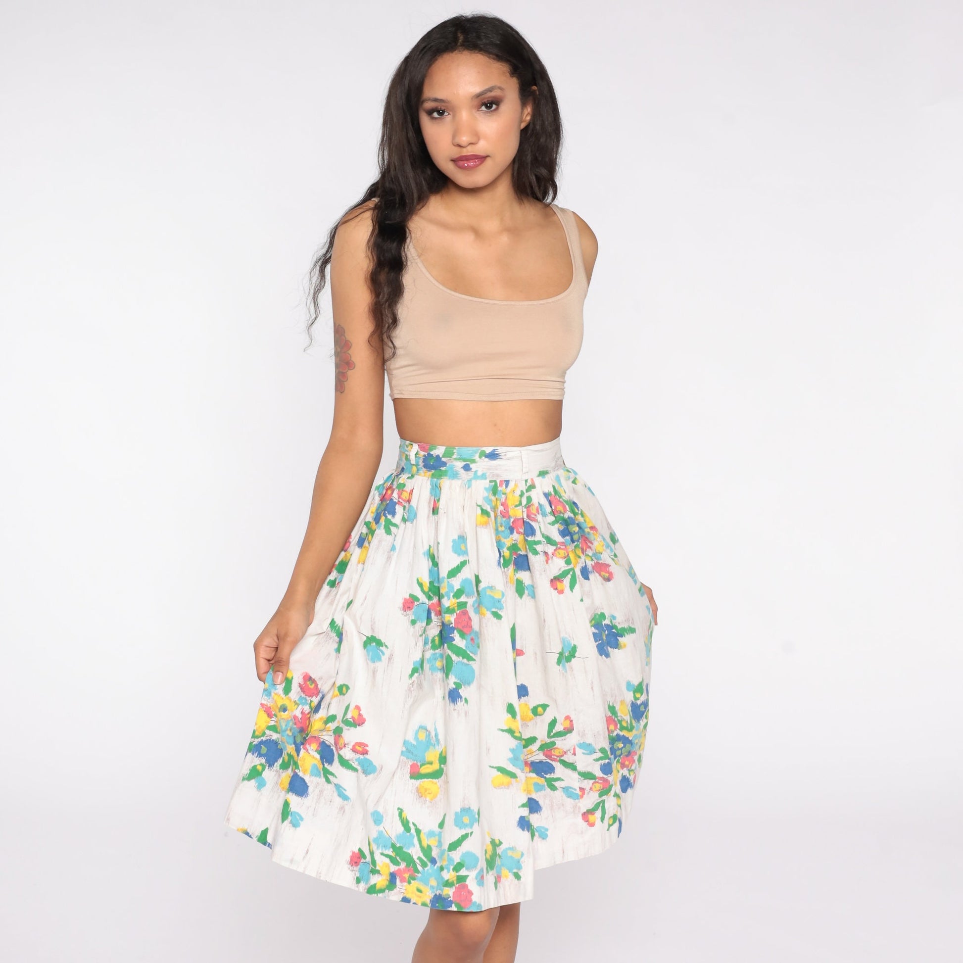 60s Floral Mini Skirt Pleated High Waist White Watercolor Cotton XS