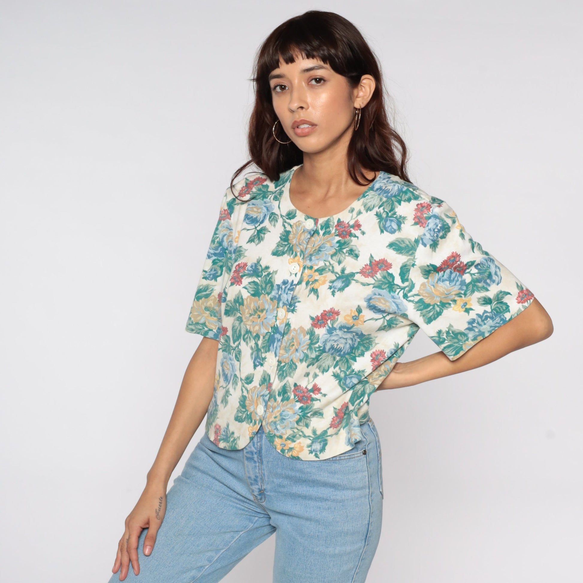 80s Floral Button-Up Blouse Short Sleeve Off-White Green Vintage Shirt Medium