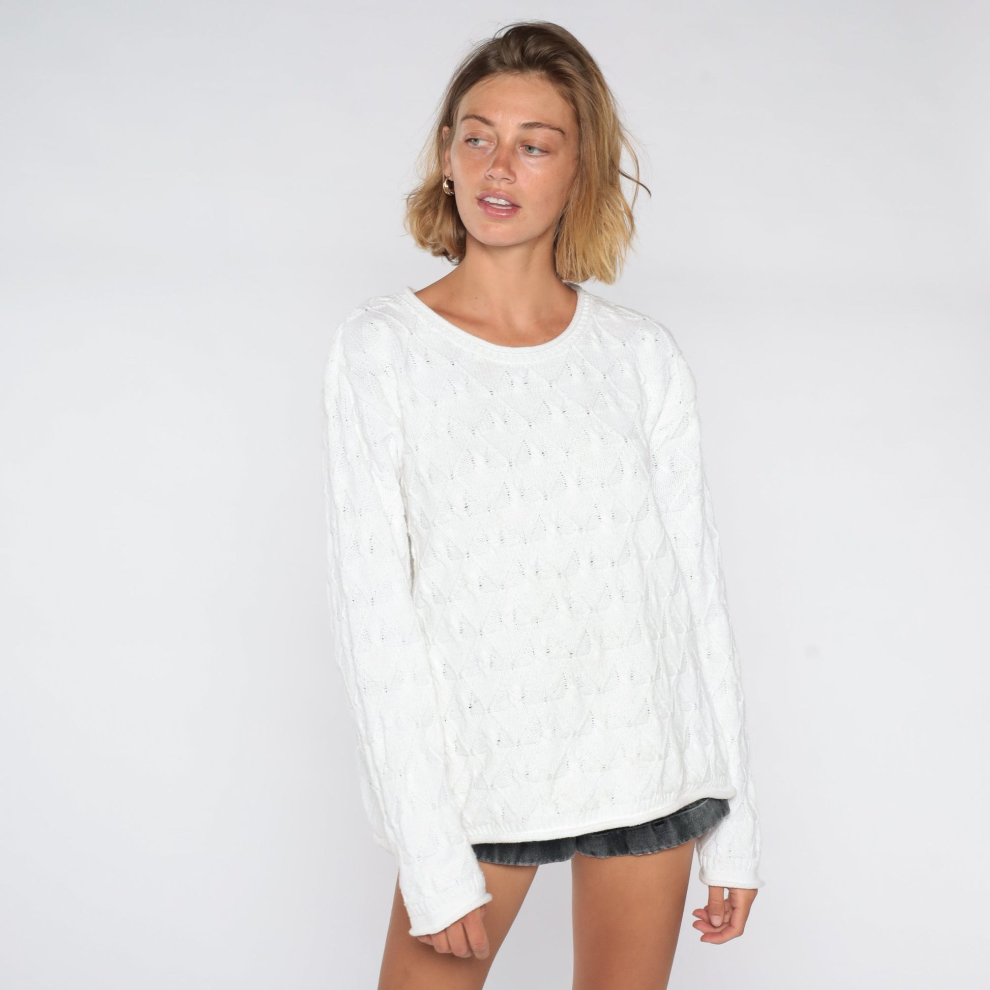 90s White Textured Knit Sweater Diamond Brocade Pullover Large L