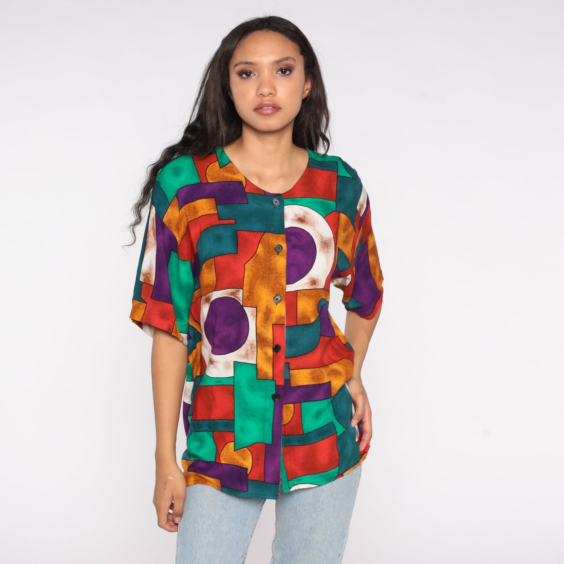 90s Geometric Print Button-Up Blouse Short Sleeve Shirt Medium M