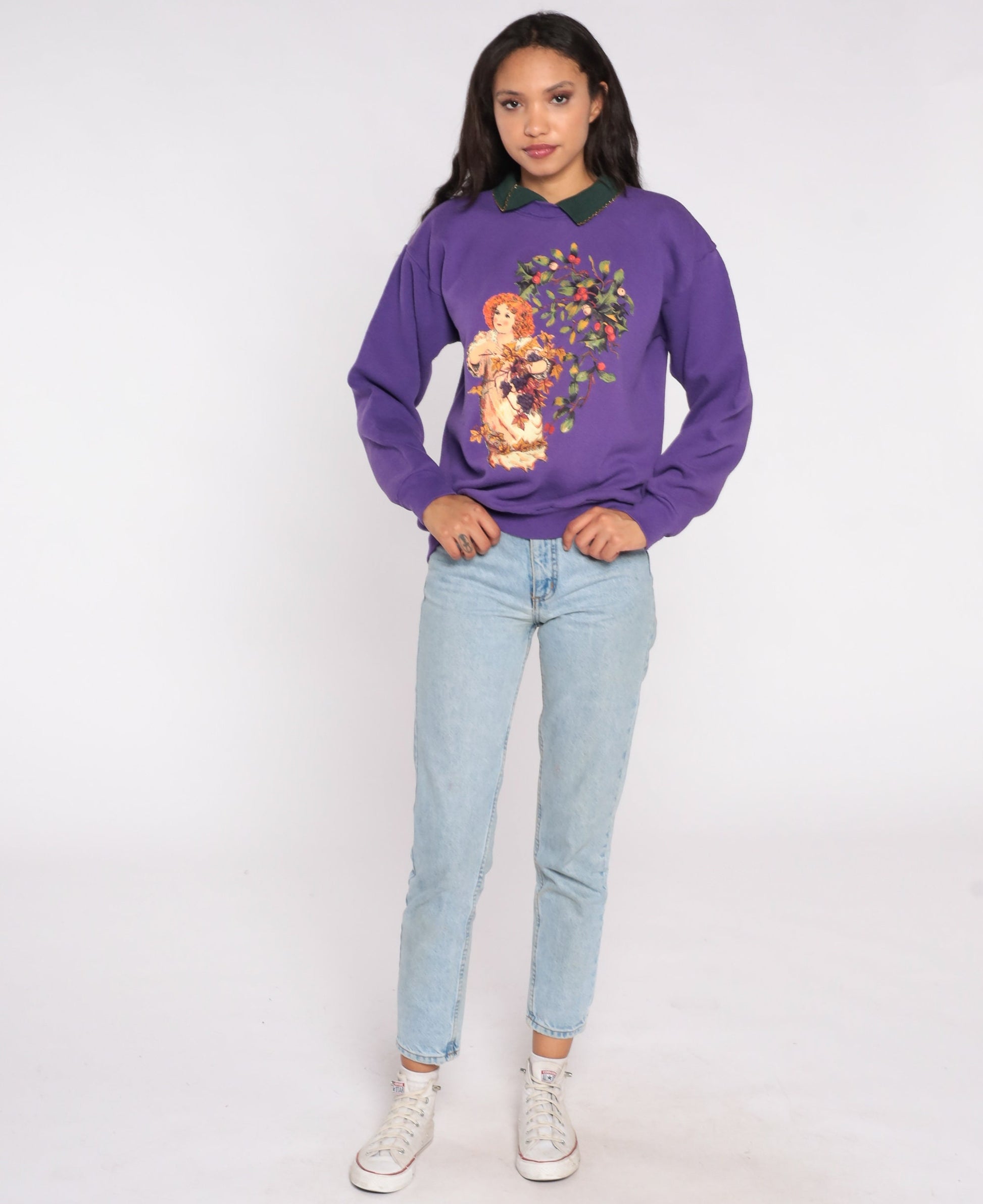 80s Cherub Fruit Oil Painting Collared Sweatshirt Purple Graphic Large L