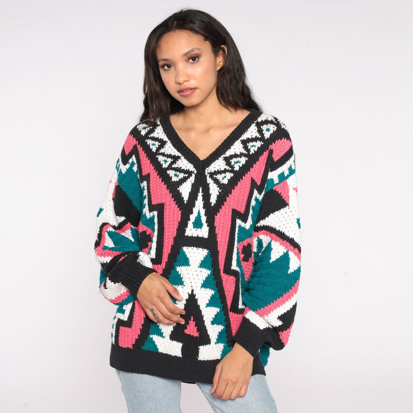 80s Geometric Knit Sweater V Neck Balloon Sleeve Pink Green Southwestern Medium