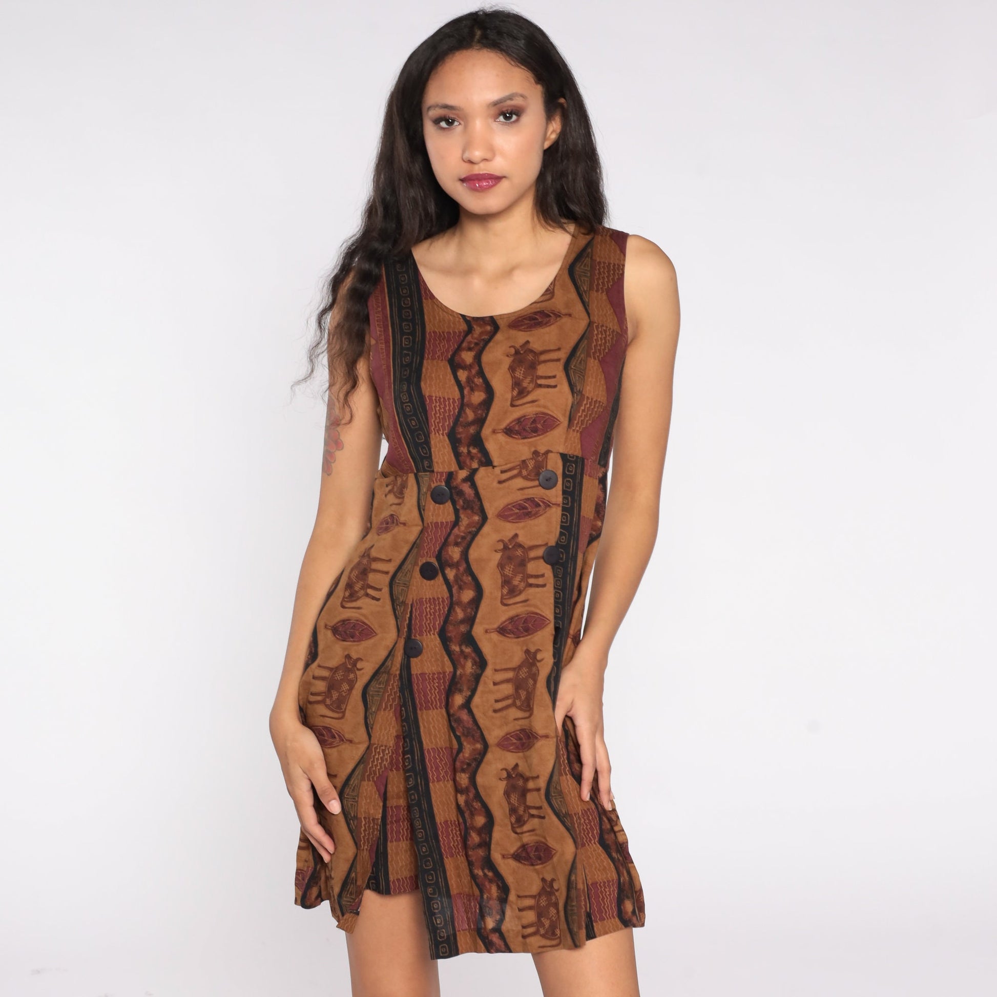 90s Brown Cow Petroglyph Print Mini Dress Tank Straps Zipper Medium