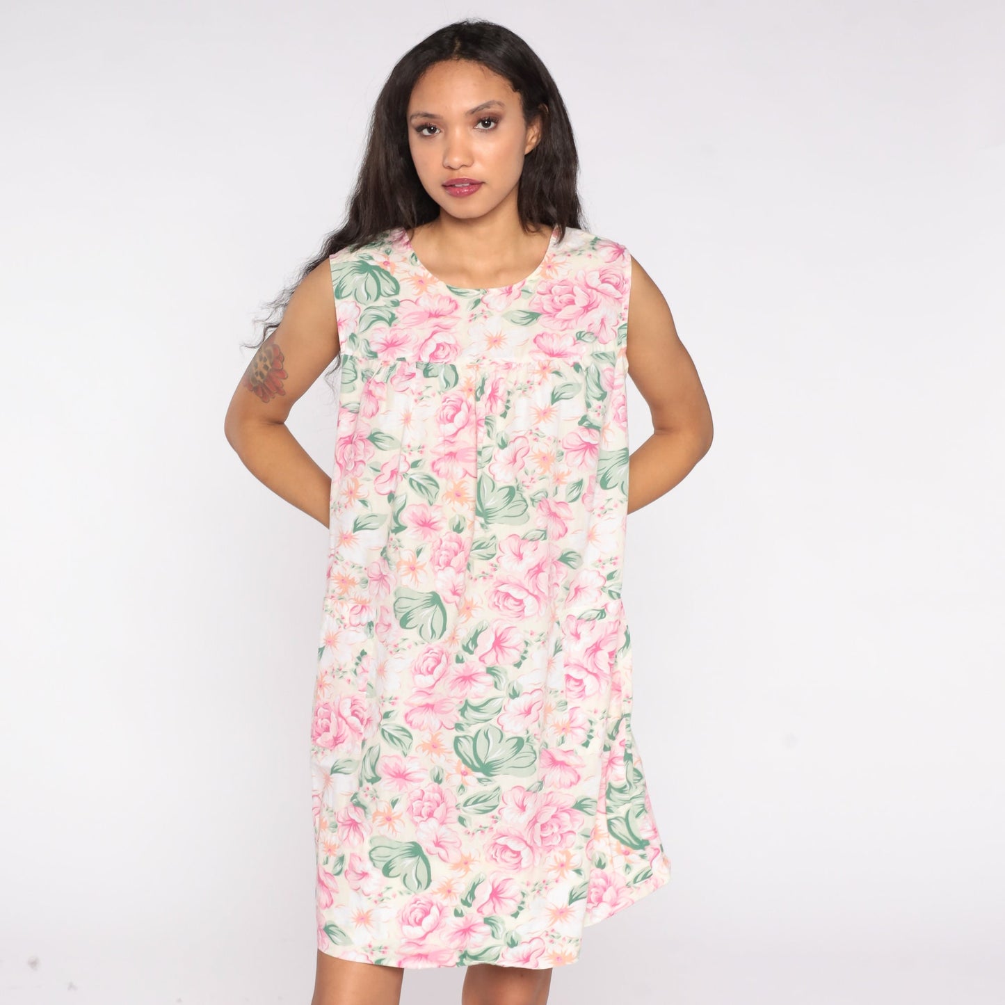 80s Floral Mini Dress Pink Green Cream Shift Sleeveless Medium