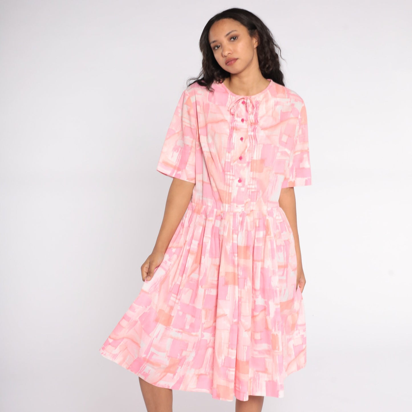 60s Pink Watercolor Geometric Midi Shirtdress Button-Up Pleated Large L
