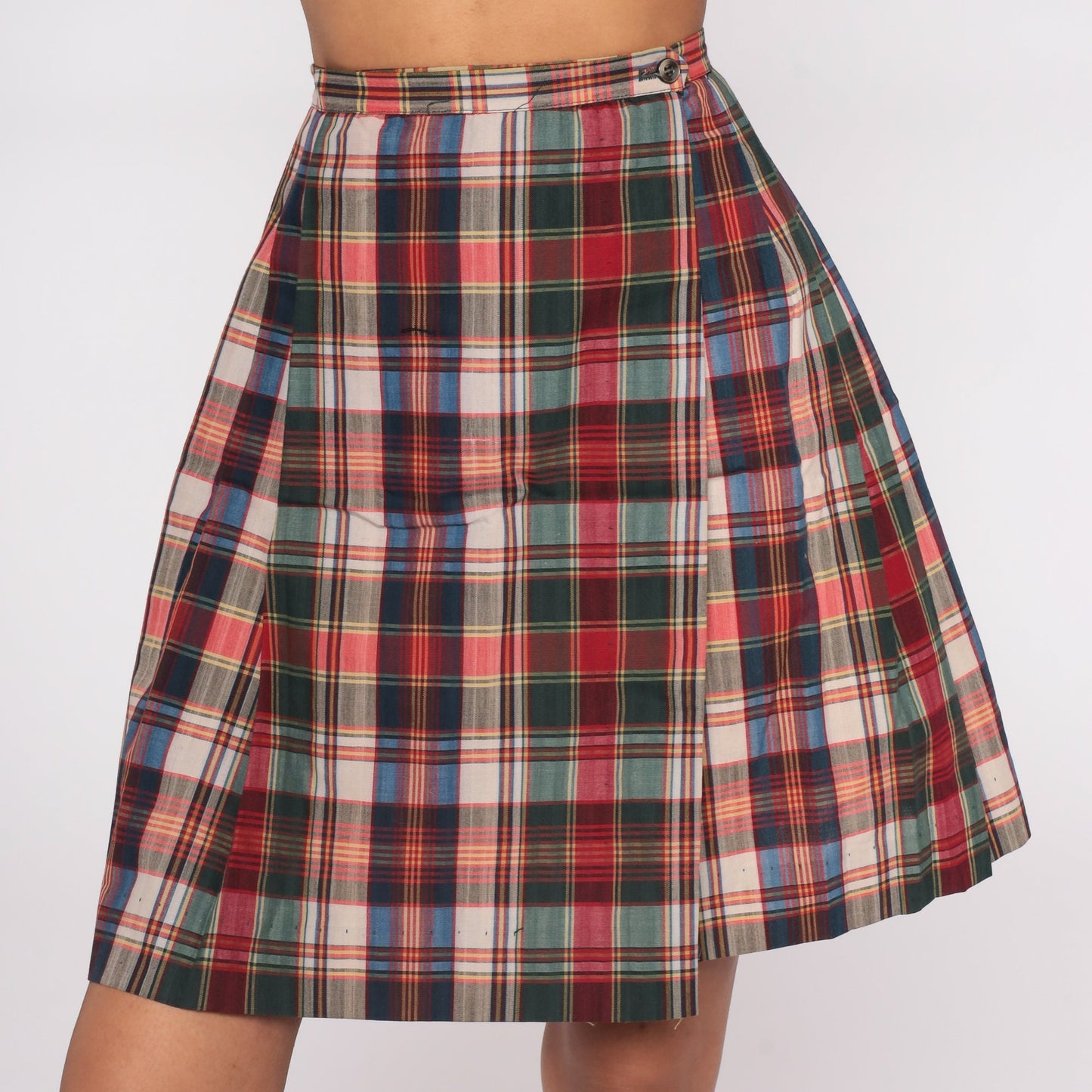 70s Plaid Pleated Mini Skirt High Waist Multicolor Tartan Extra Small