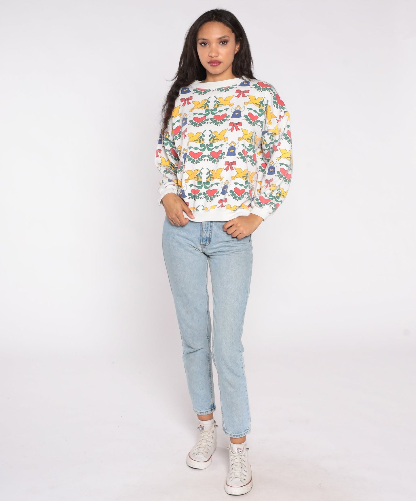 90s Christmas Angel Dove Heart Print Sweatshirt Graphic Pullover Large L