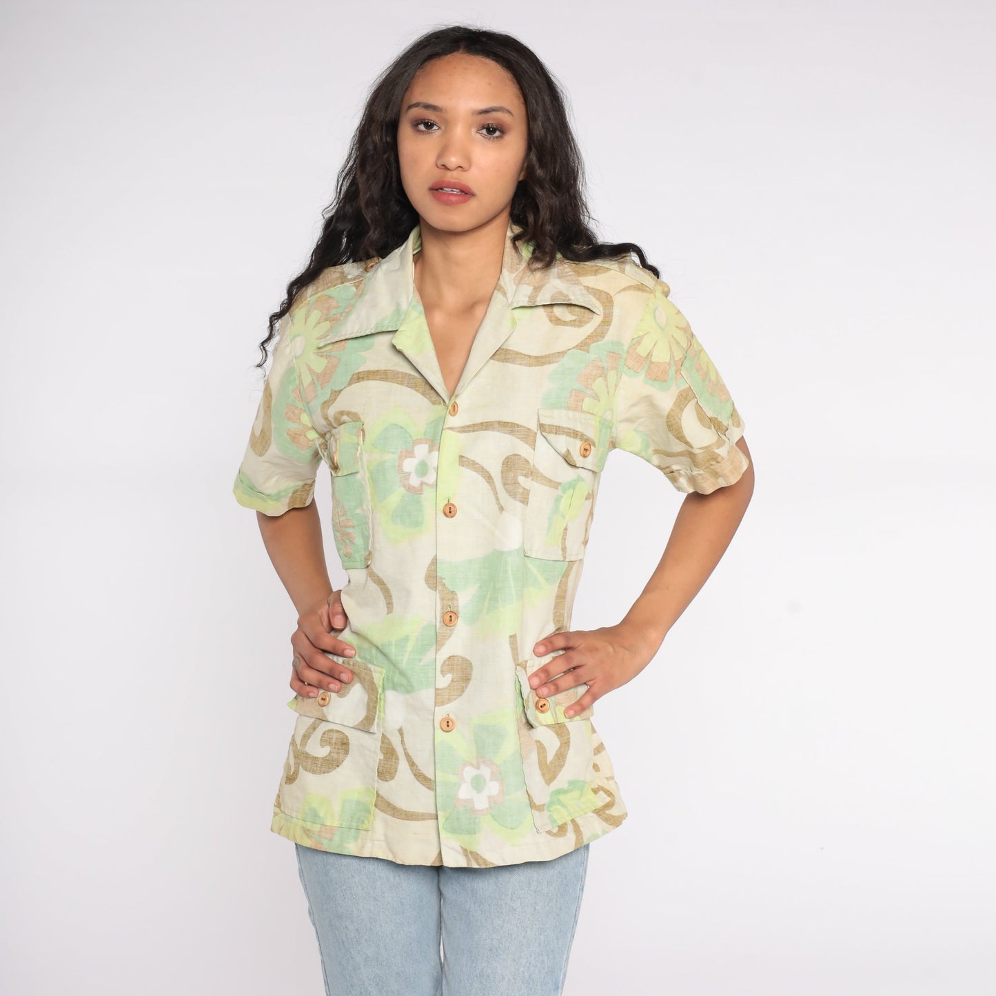 70s Surfline Original Floral Button Up Shirt Cotton Medium