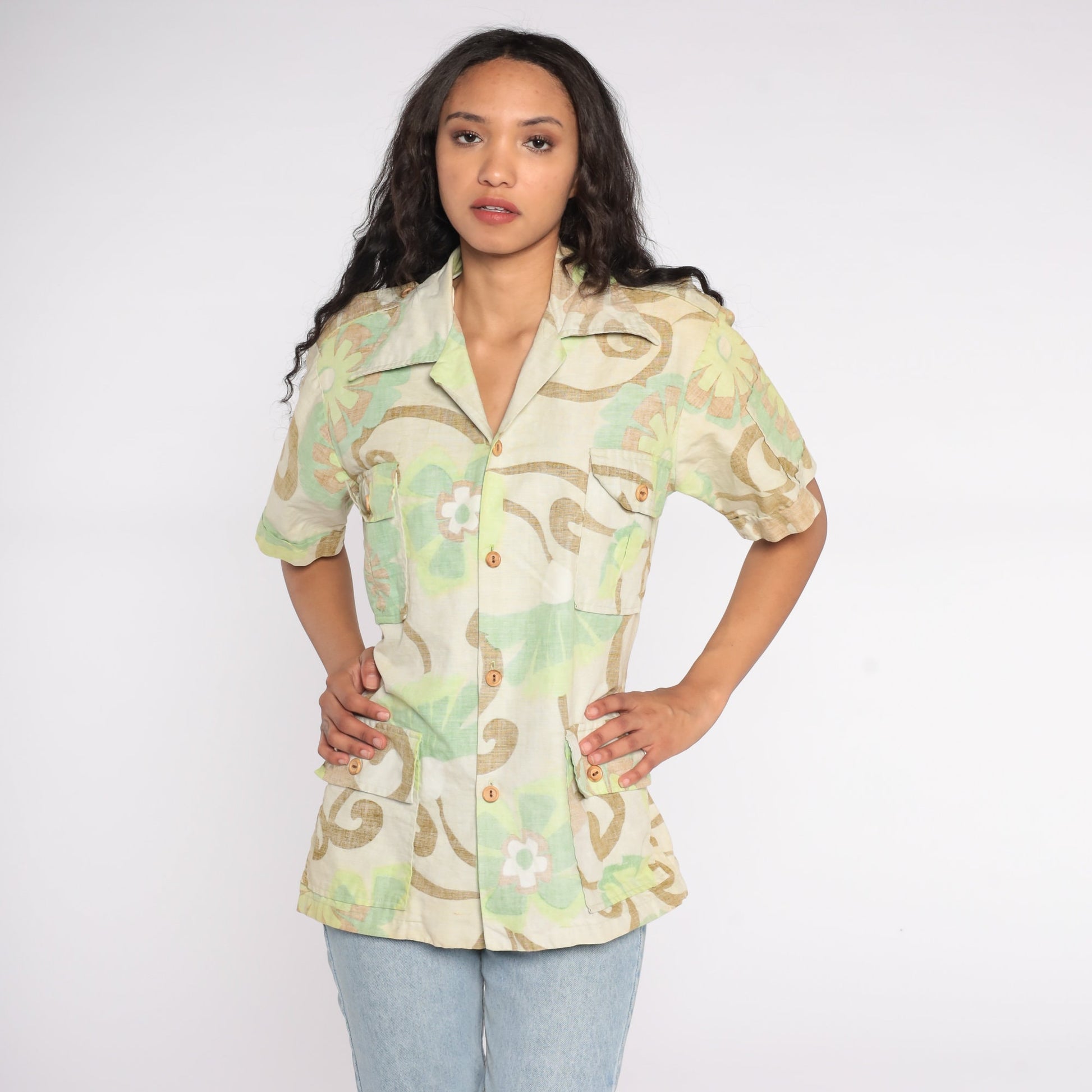 70s Surfline Original Floral Button Up Shirt Cotton Medium