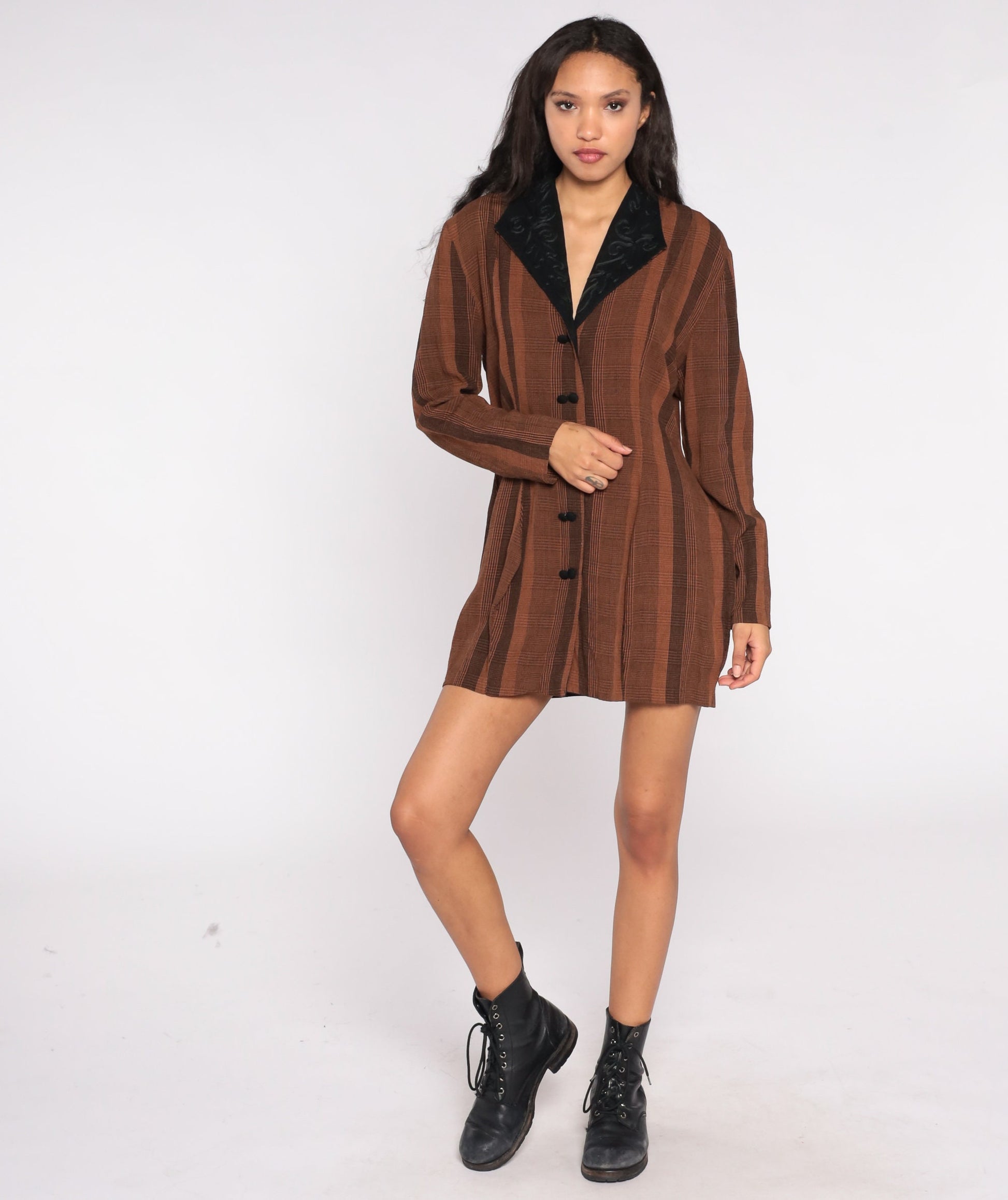 80s Brown Striped Blazer Black Soutache Collar Double-Breasted Jacket Medium Large