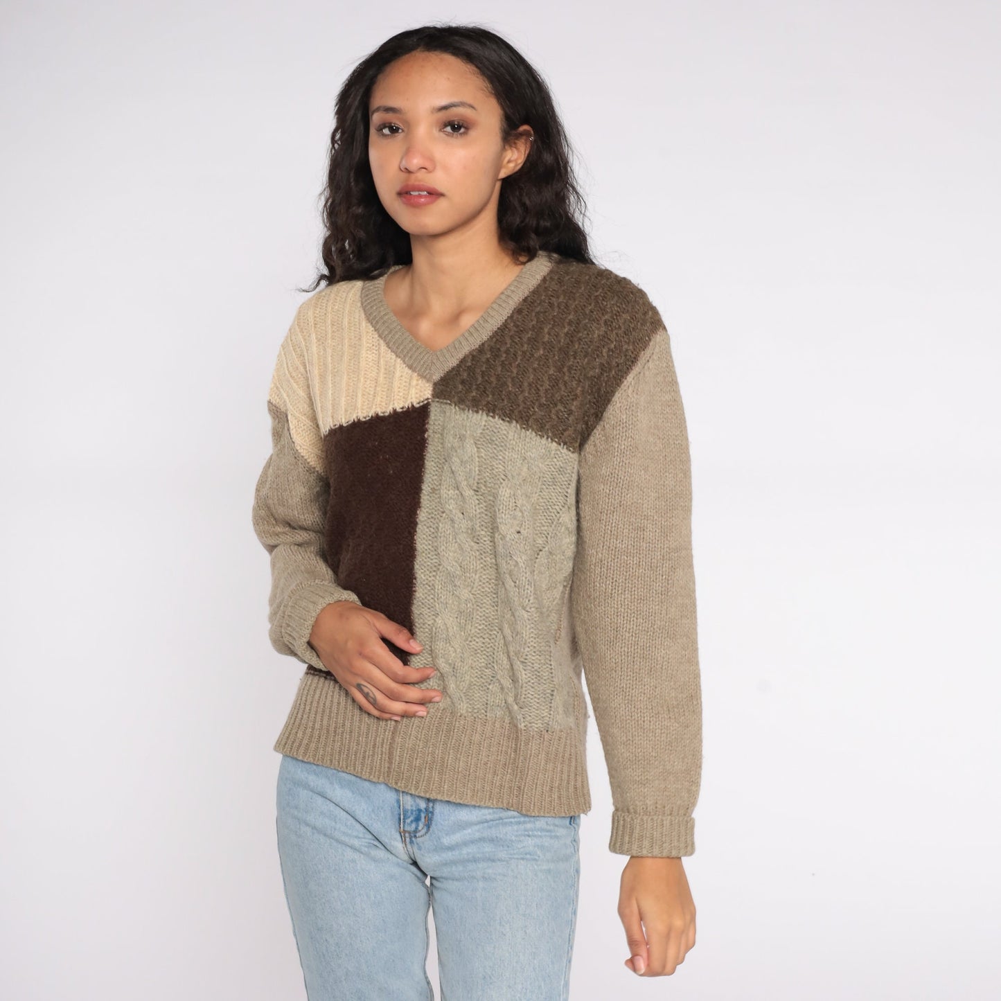 1970s Wool Cable Knit Sweater V-Neck Colour Block Taupe Brown Large