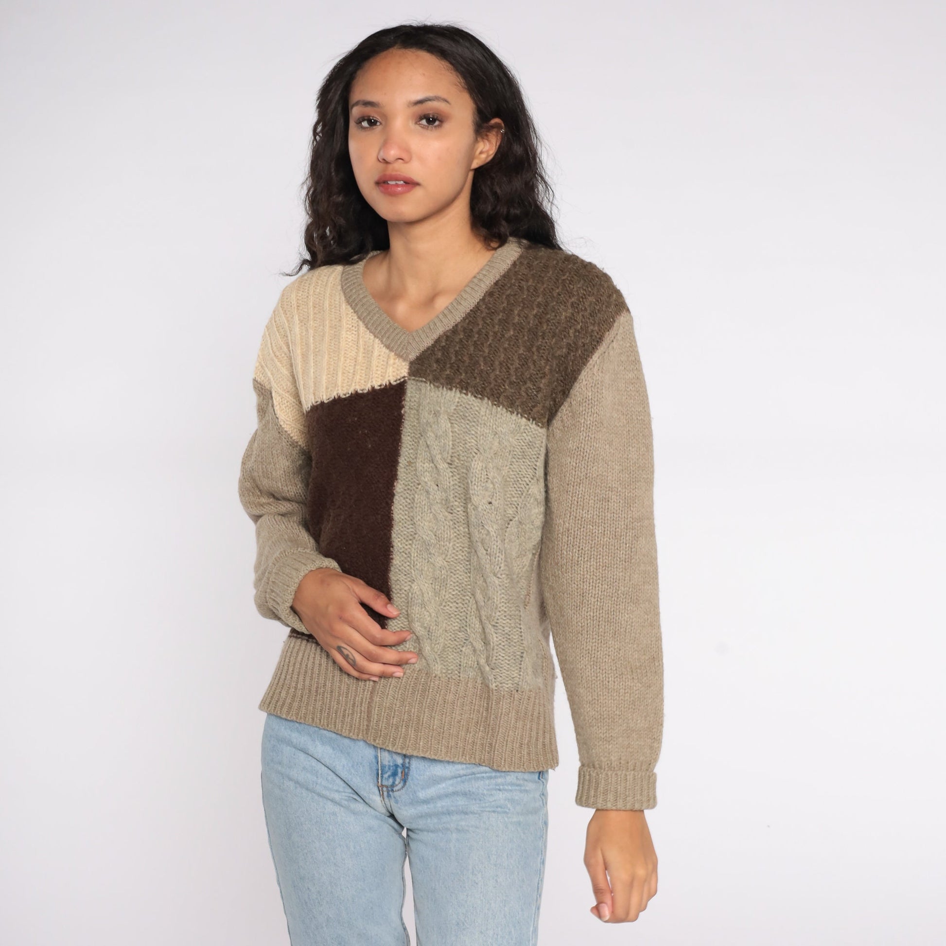 1970s Wool Cable Knit Sweater V-Neck Colour Block Taupe Brown Large