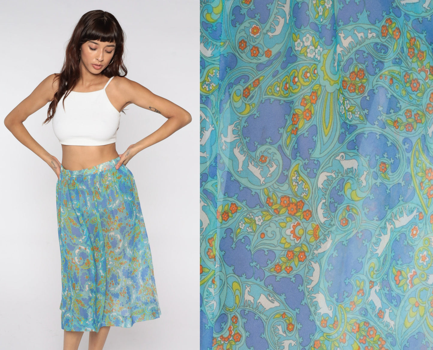 70s Psychedelic Floral Animal Print Midi Skirt Blue Extra Large XXL
