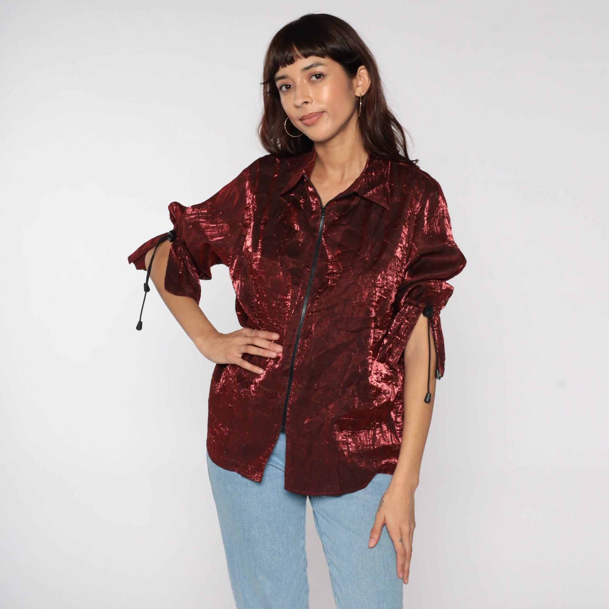 90s Shiny Red Iridescent Zip-Up Jacket Drawstring Sleeves Medium