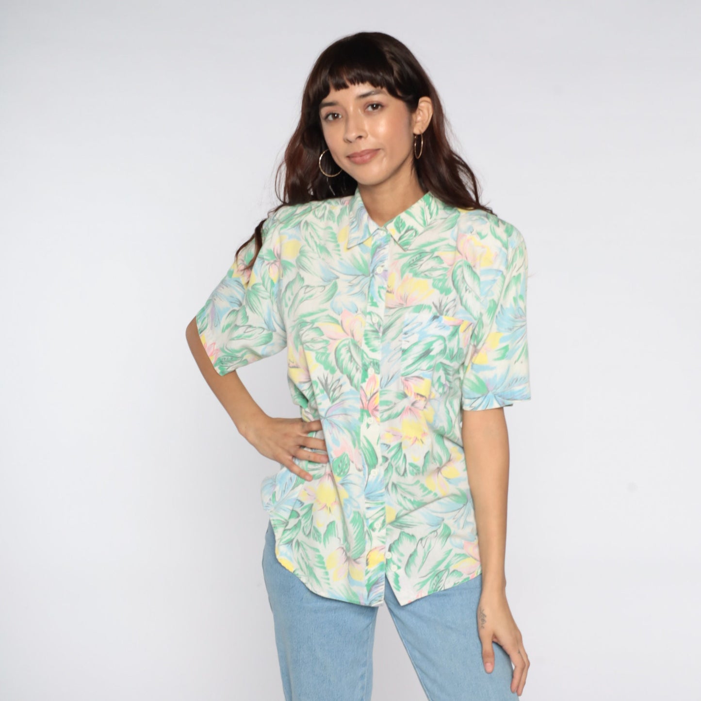 80s Tropical Floral Button-Up Shirt Green Pink Short Sleeve Medium