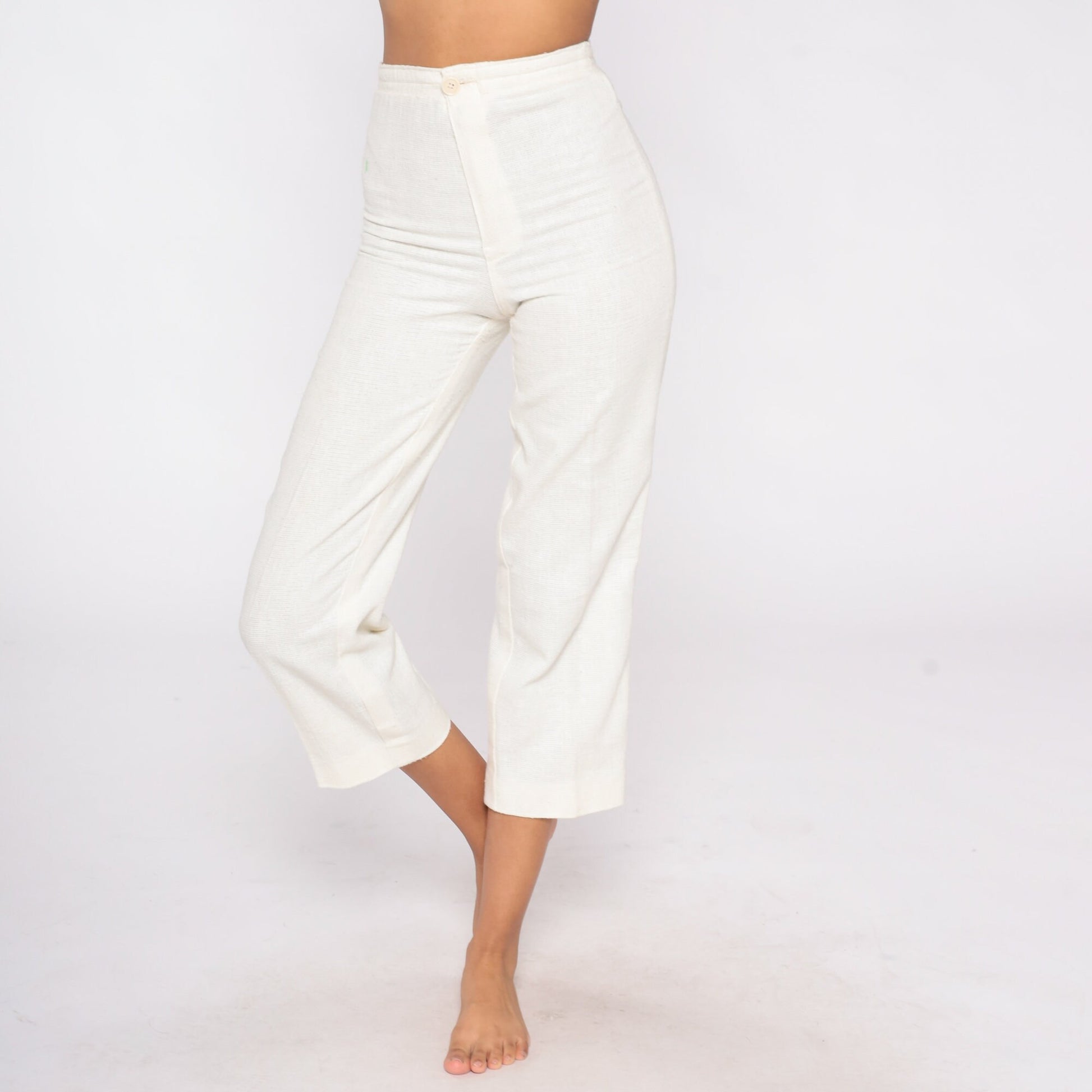 70s High-Waisted Straight Leg Linen Trousers Off-White Cropped Petite XXS