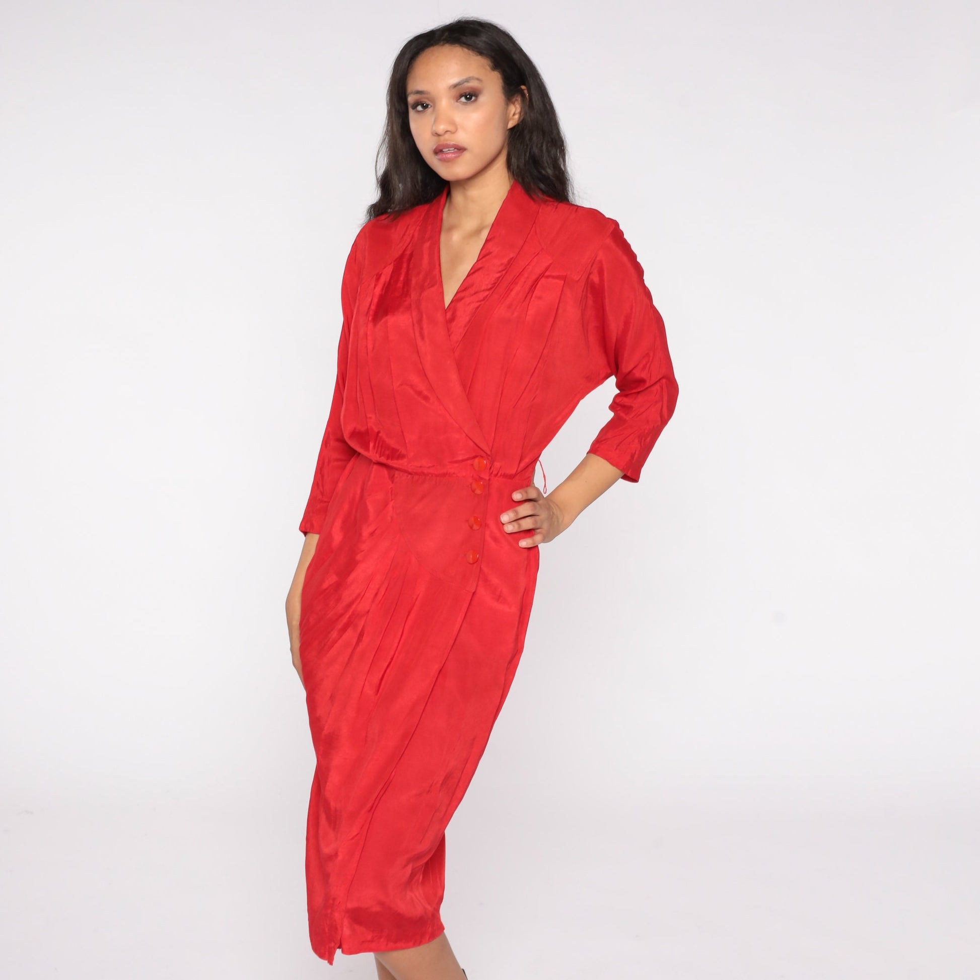 80s All That Jazz Red Wrap Midi Dress High Waist V Neck 3/4 Sleeve Medium