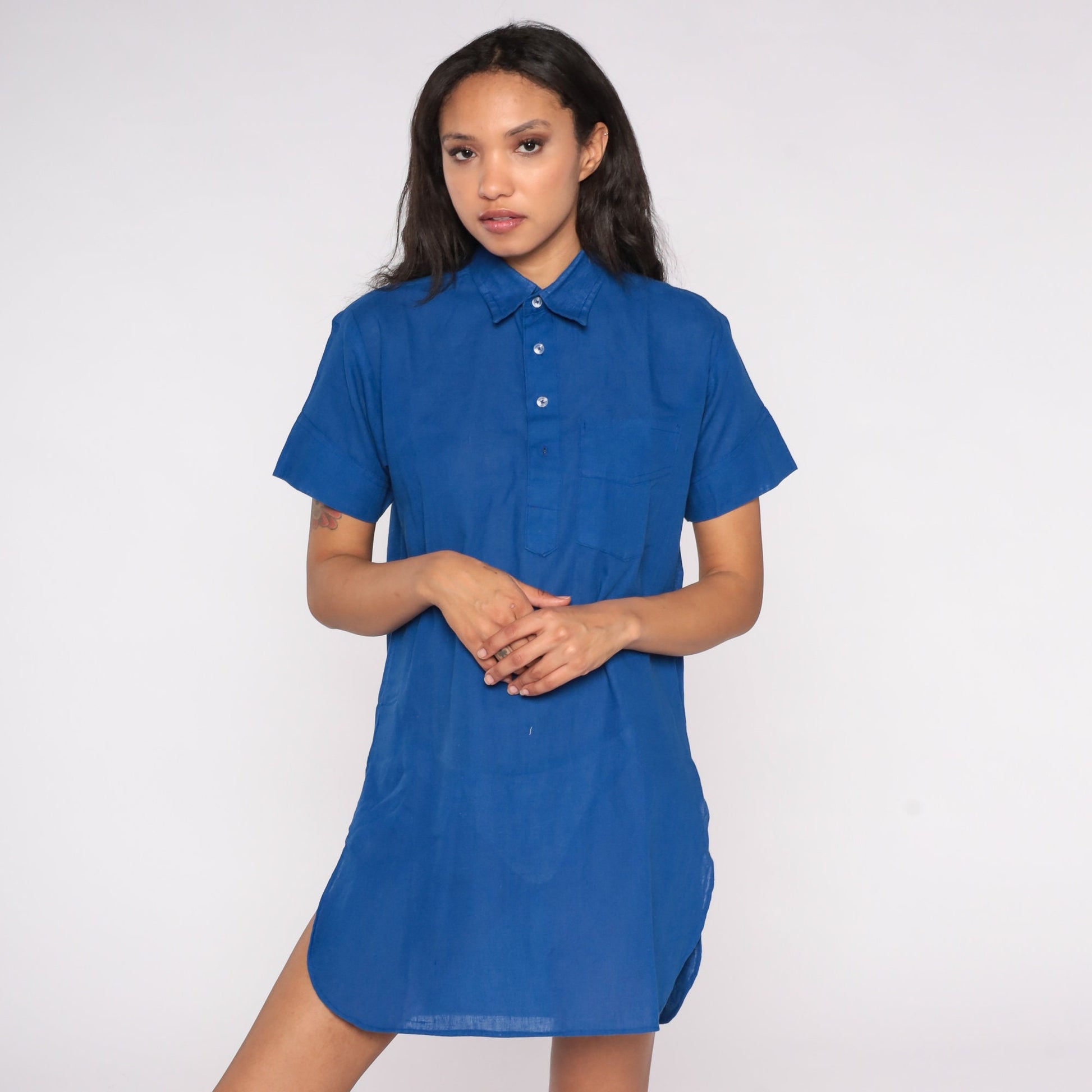 80s Blue Polo Shirt Dress Collared Button-Up Mini Side Slits Medium
