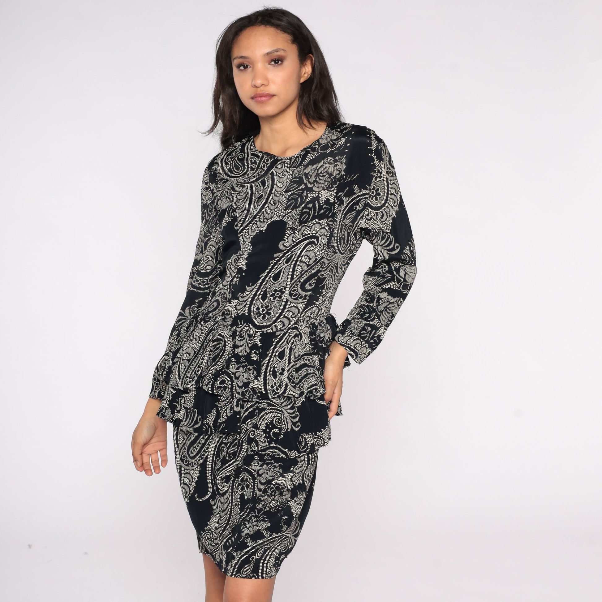 80s Black White Floral Paisley Peplum Dress Long Sleeve Knee Length Medium M