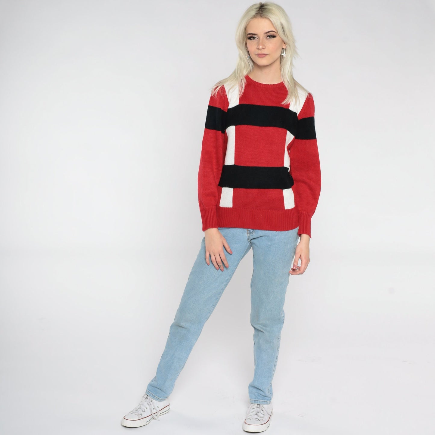 80s Red White Black Striped Knit Sweater Crewneck Pullover Small S