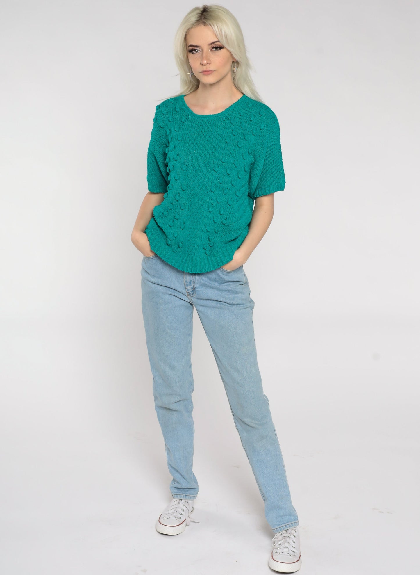 80s Green Nubby Knit Short Sleeve Pullover Silk Rayon Top Medium M