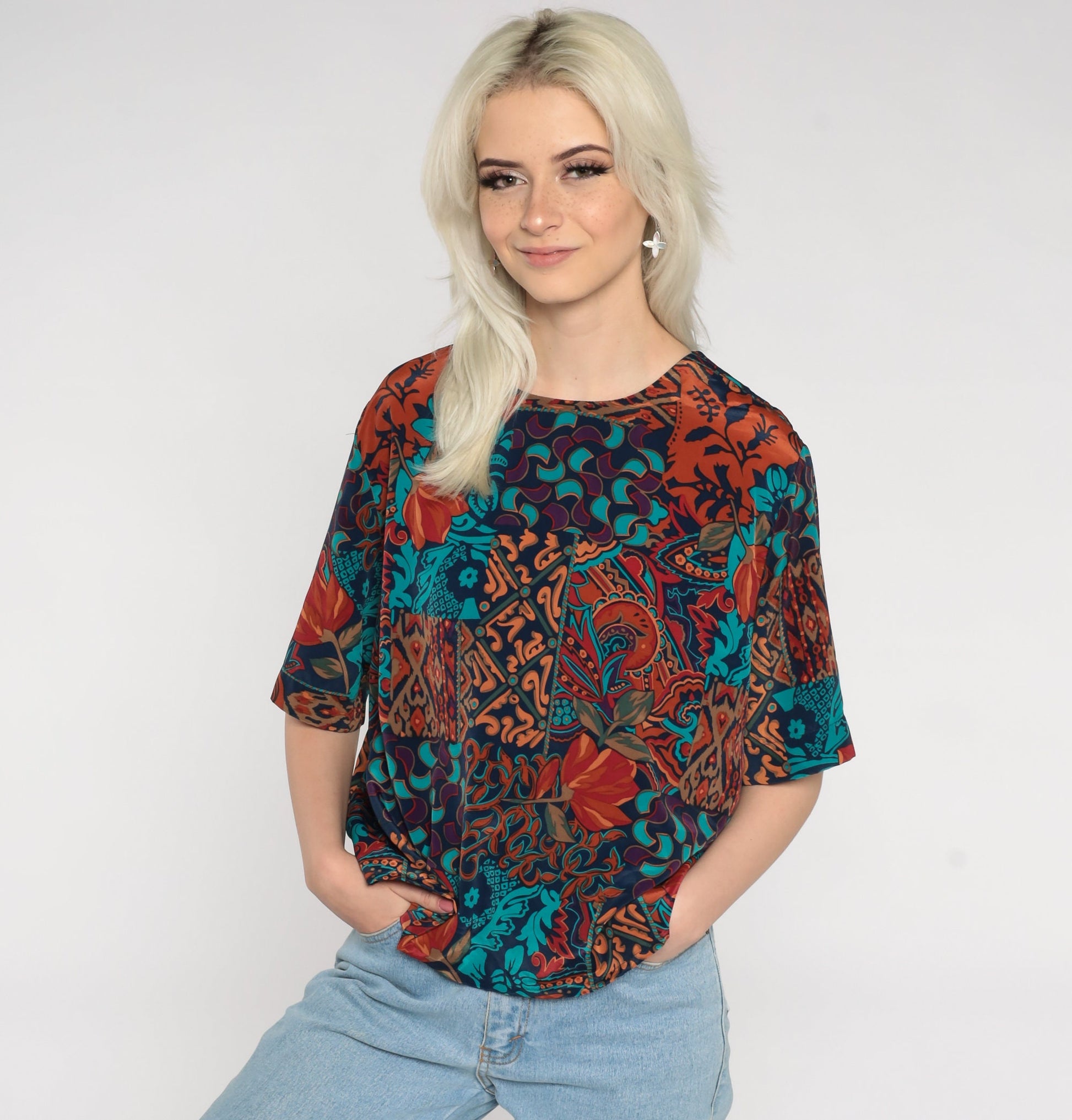 90s Geometric Color Block Blouse Short Sleeve Keyhole Back Multicolor Large L