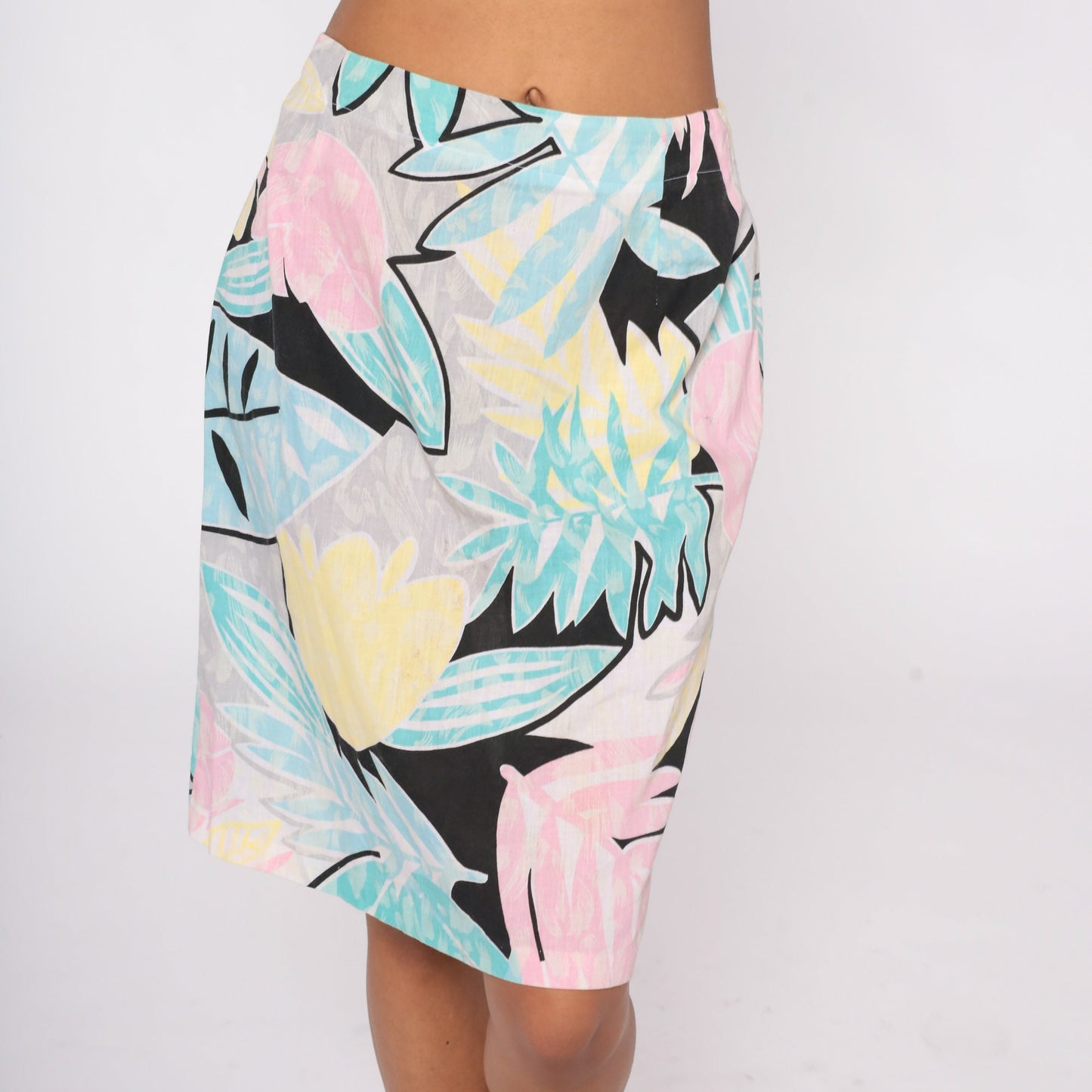 80s Tropical Leaf Midi Skirt Pastel Palm Print High Waist Medium