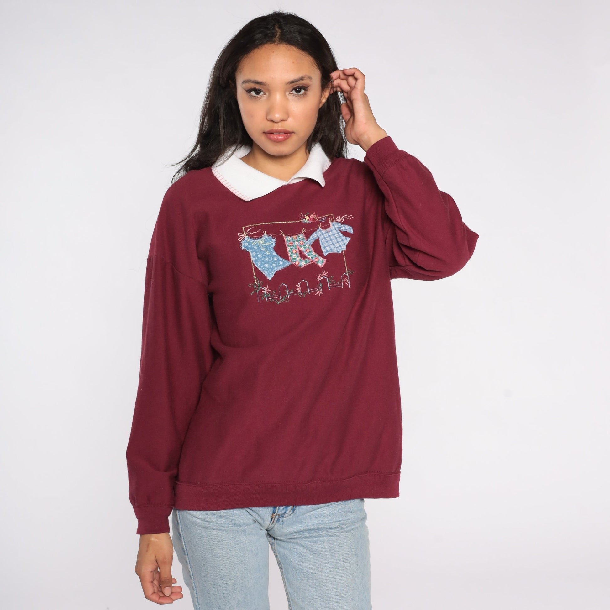 90s Laundry Graphic Collared Sweatshirt Burgundy Large L