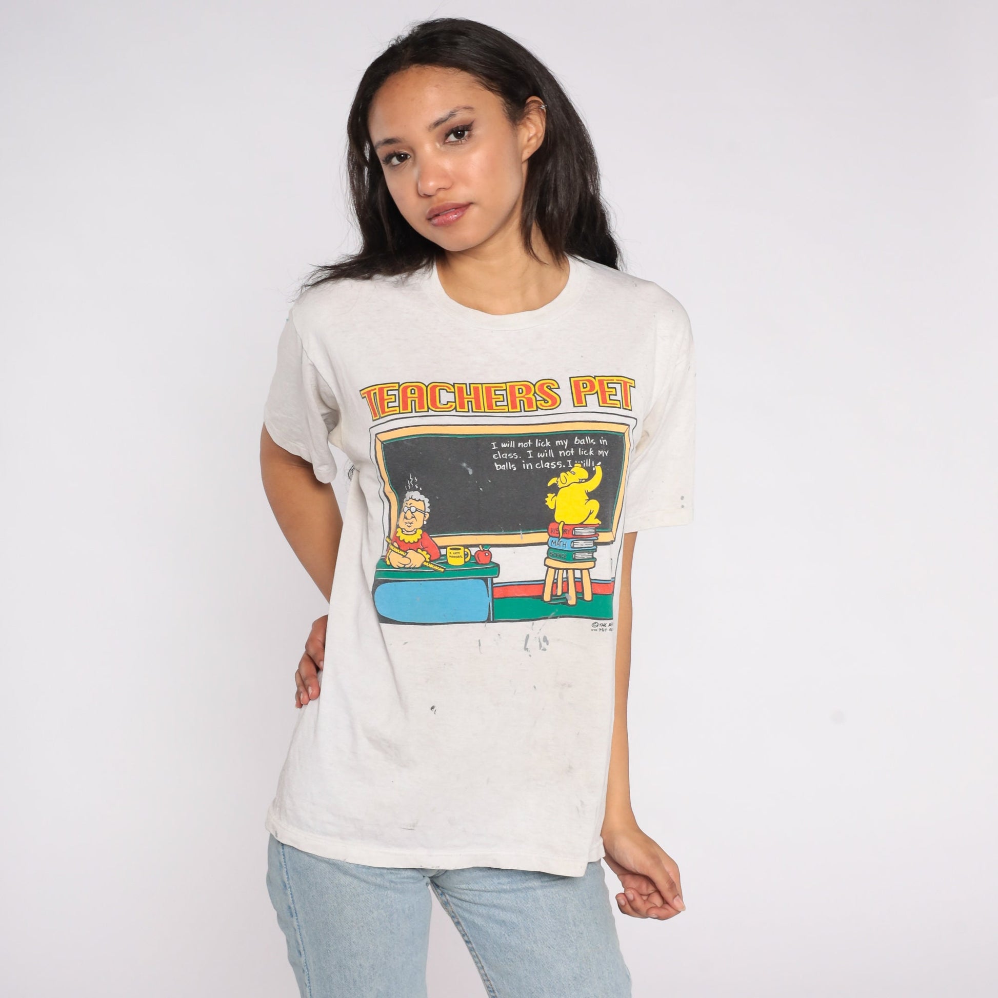90s Teachers Pet Dog Joke Graphic T-Shirt Distressed Cotton Large L