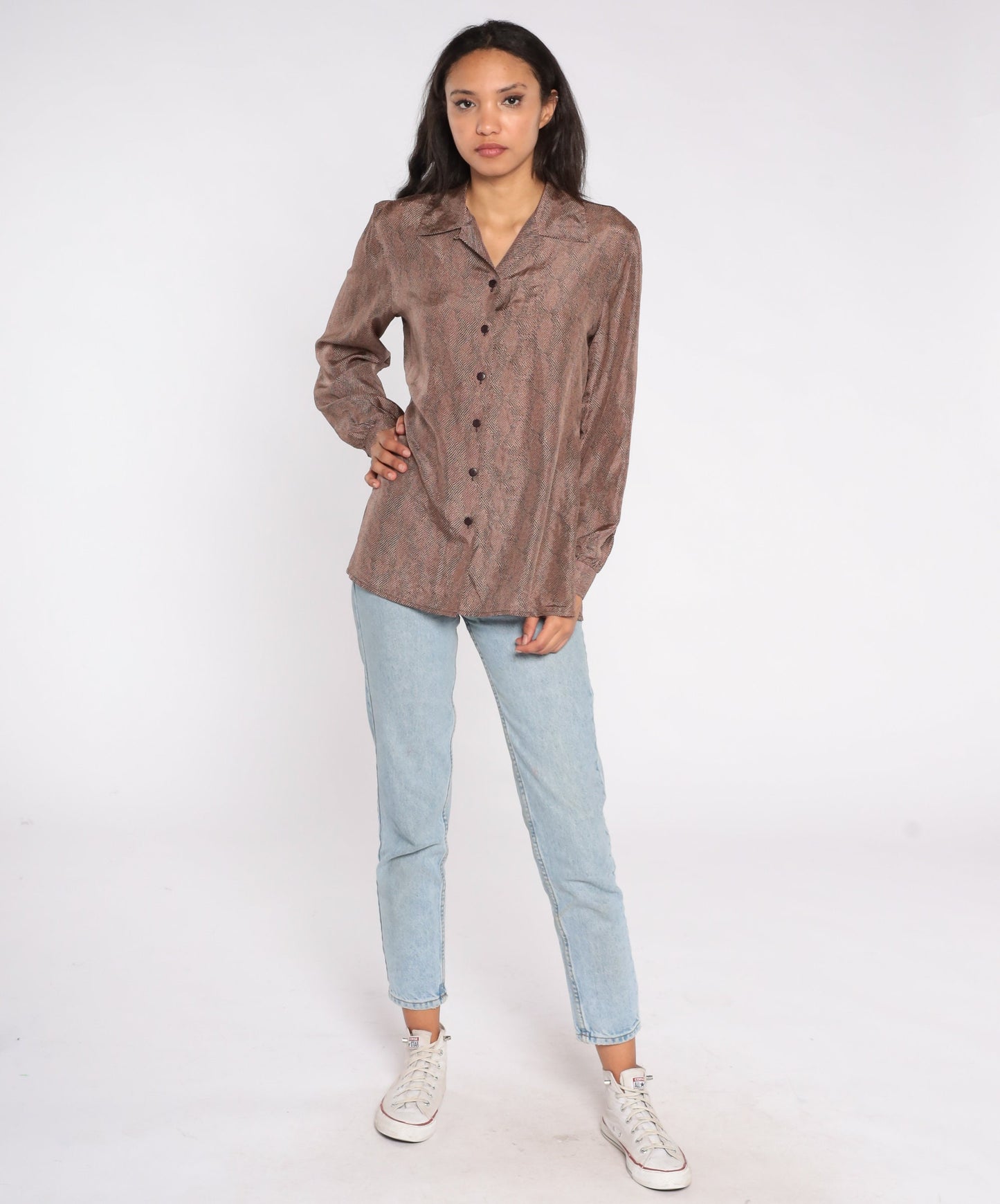 80s Brown Silk Button-Up Blouse Long Sleeve Speckled Medium