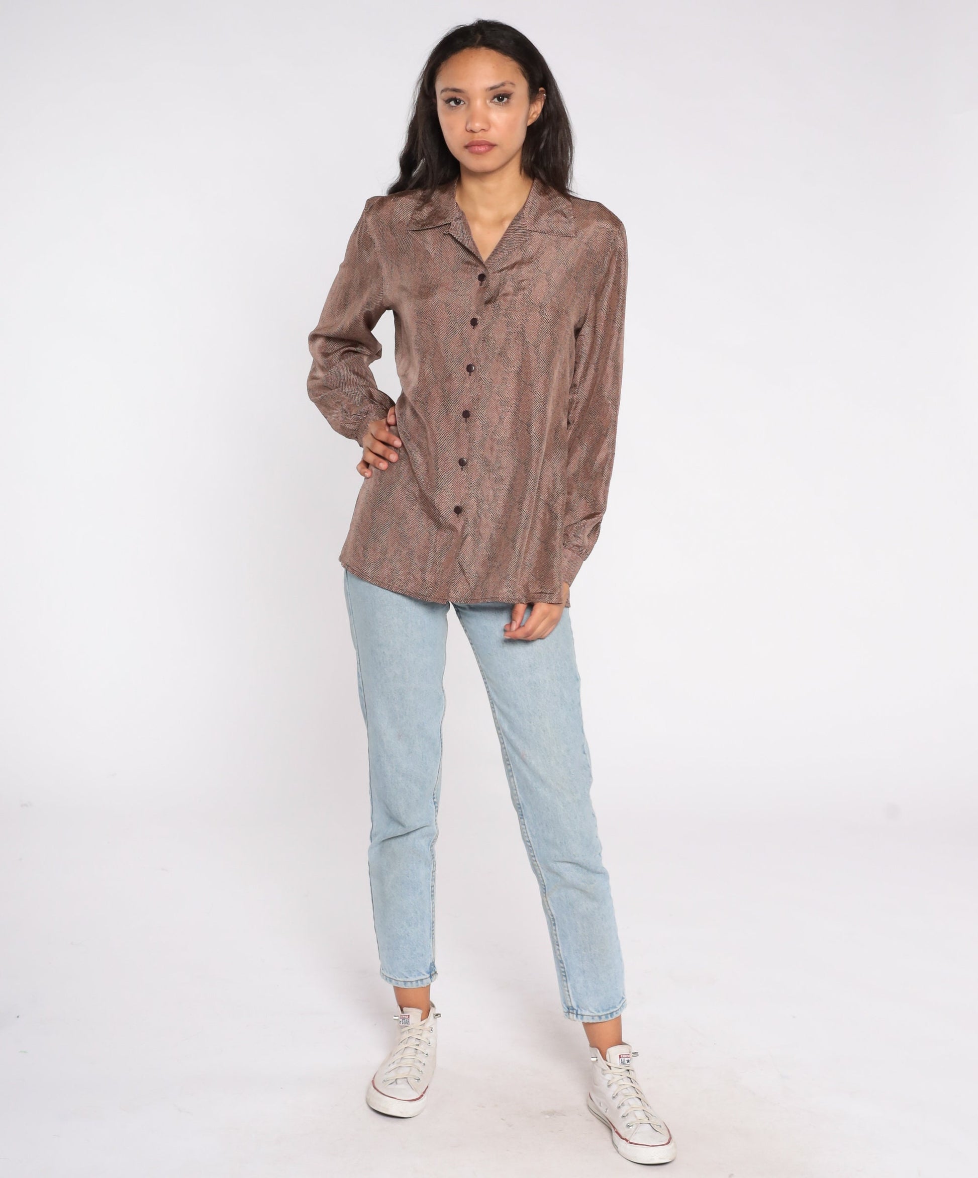 80s Brown Silk Button-Up Blouse Long Sleeve Speckled Medium