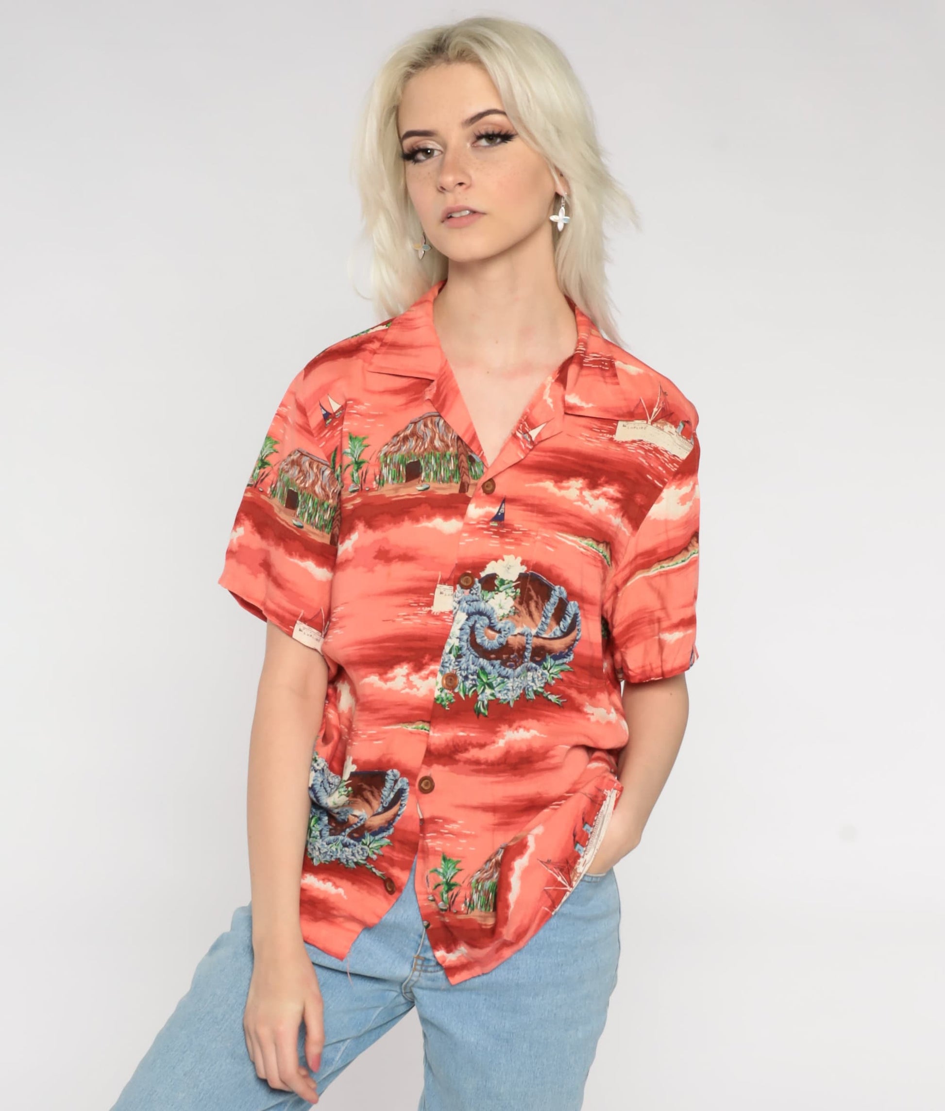 90s Ocean Pacific Hawaiian Shirt Red Tropical Print Button Up Medium