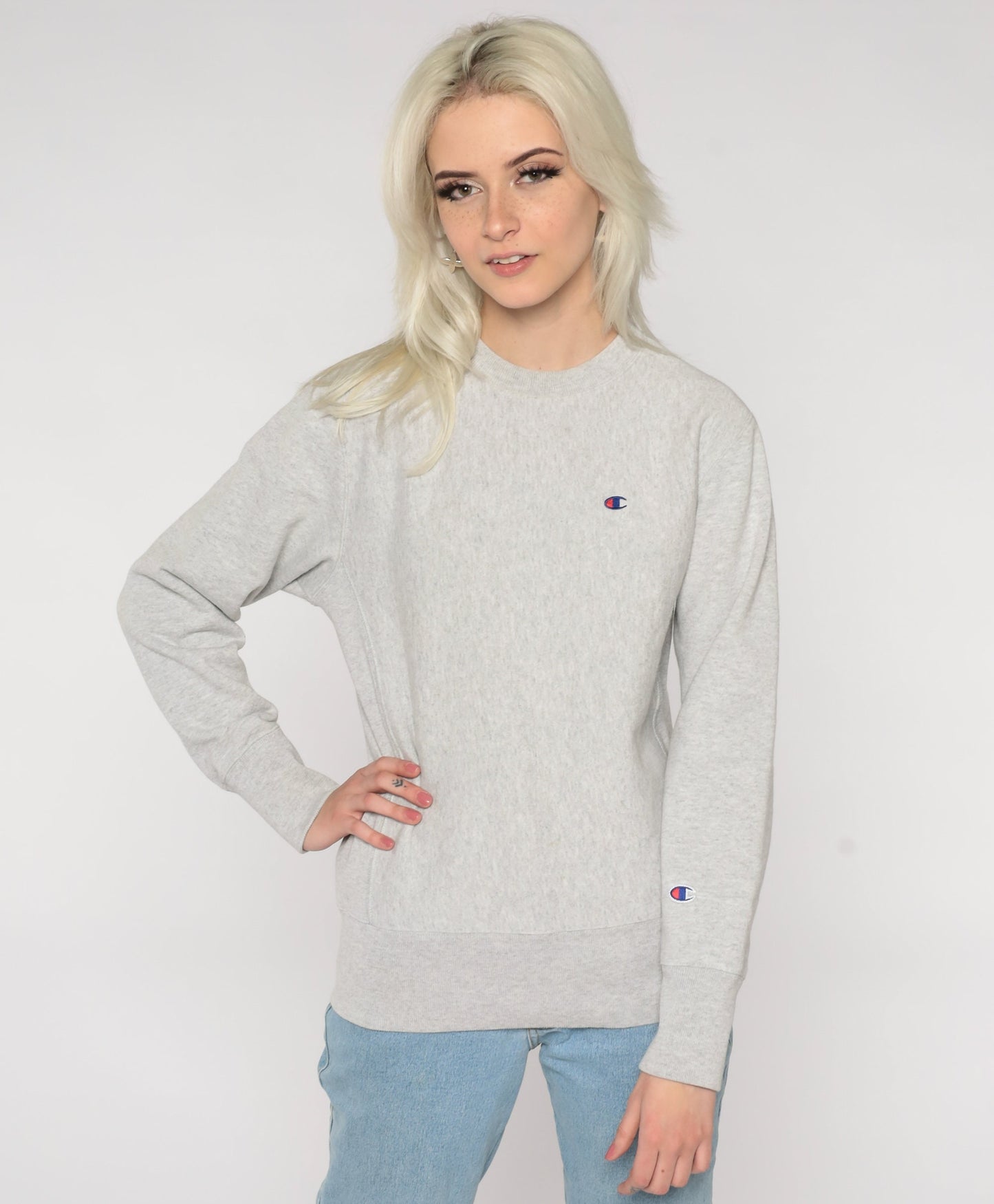 Y2K Champion Grey Crewneck Sweatshirt Plain Pullover Medium