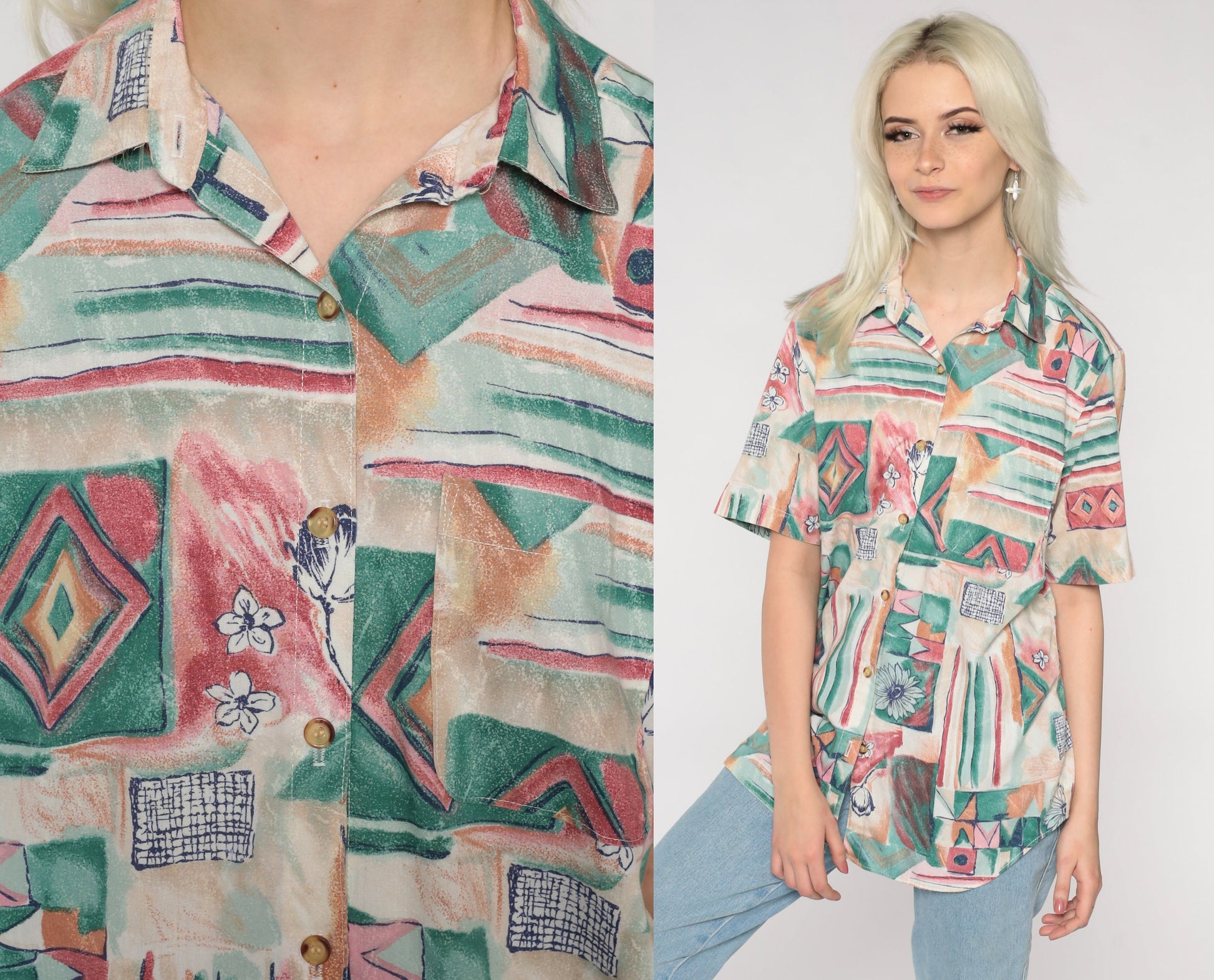 90s Geometric Floral Button-Up Blouse Red Green Abstract Print Medium