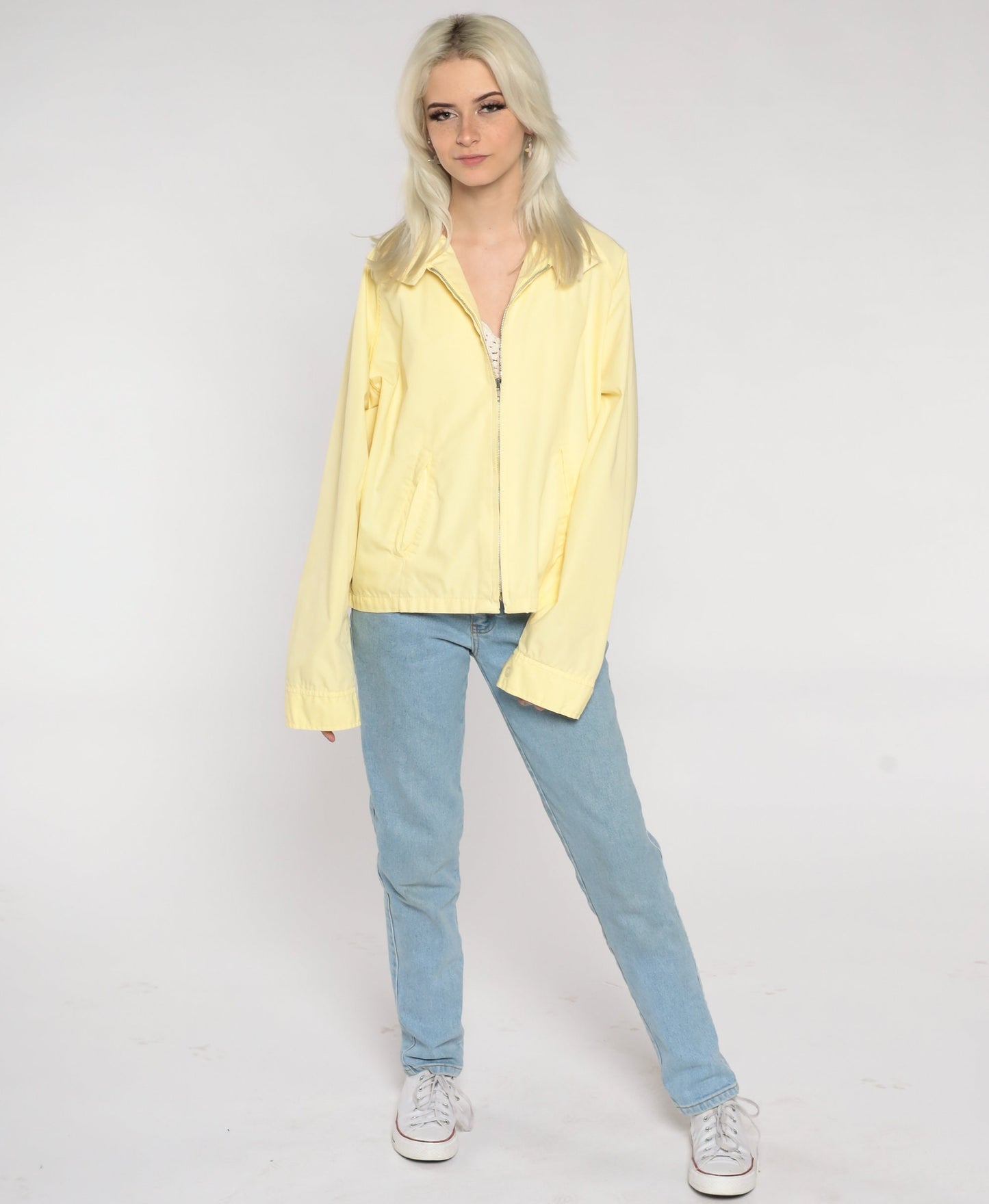 80s Yellow Windbreaker Jacket Collared Zip-Up Large L