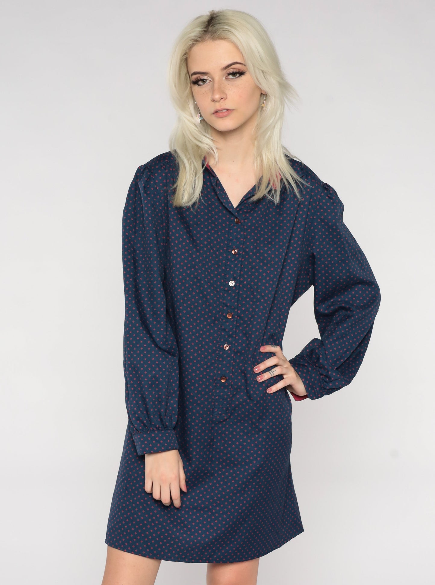 80s Navy Polka Dot Button-Up Mini Dress High Waist Tie Belt Long Sleeve Large L