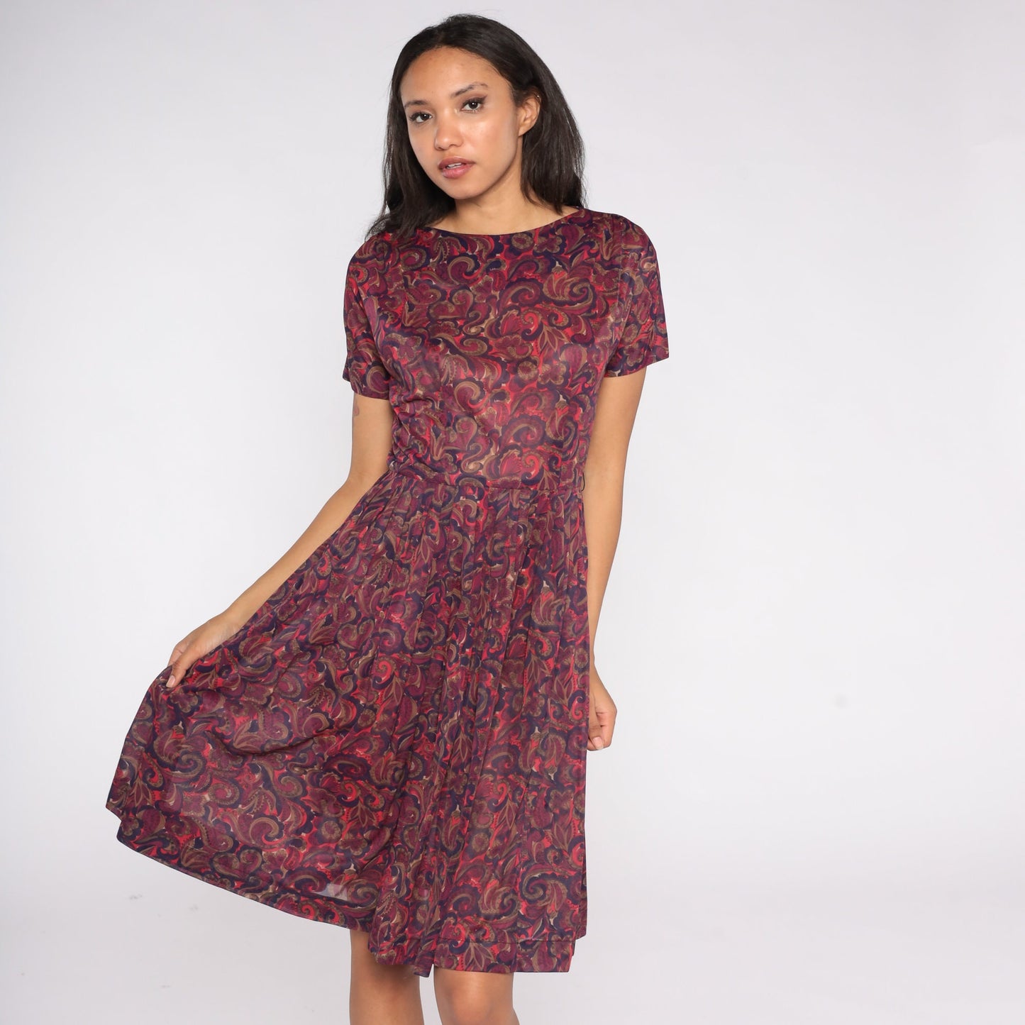 1960s Purple Paisley Midi Dress Full Skirt High Waist Short Sleeve Small