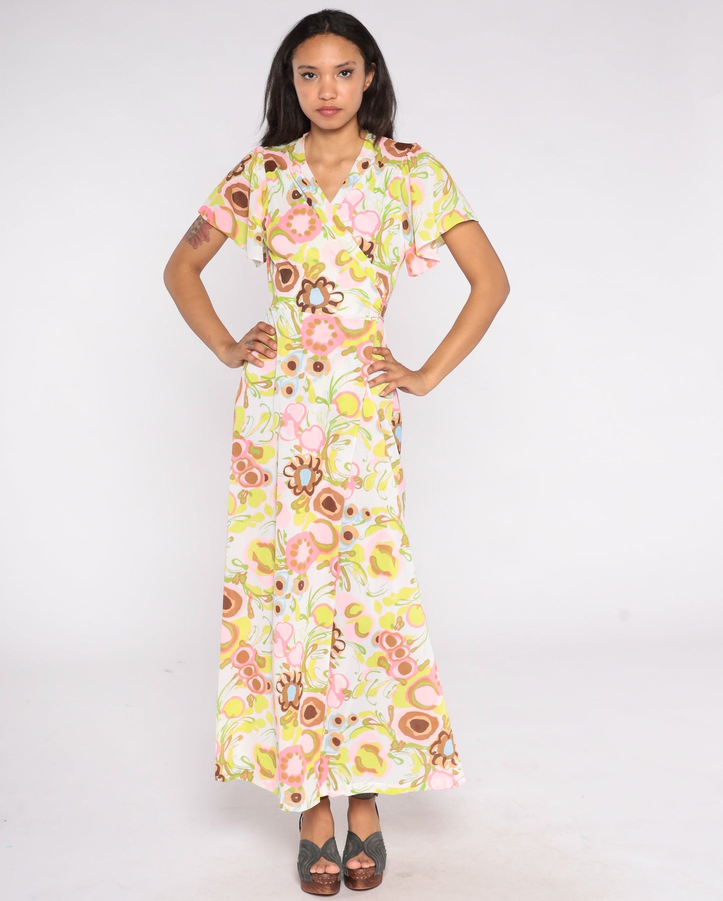 70s Floral Wrap Maxi Dress White Abstract Print High Waist Flutter Sleeve Small