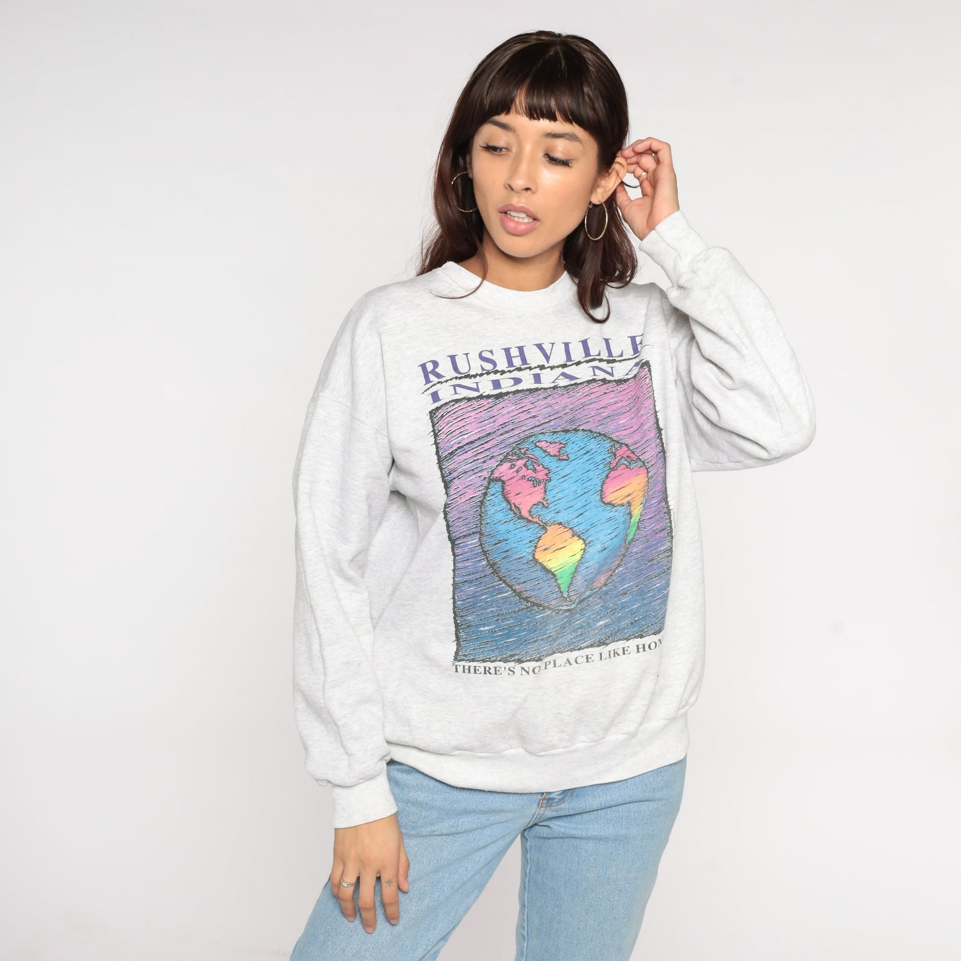90s Rushville Indiana Sweatshirt Grey Graphic Crewneck There's No Place Like Home Medium M